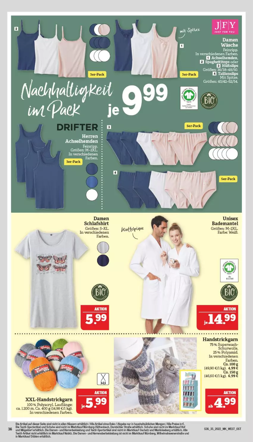 Aktueller Prospekt Marktkauf - Prospekt - von 28.08 bis 03.09.2022 - strona 40 - produkty: achselhemd, Bad, Bademantel, bio, eis, hemd, hemden, kleid, Kleidung, Mantel, reis, schuhe, shirt, slip, slips, spaghetti, Sport, Strickgarn, Taillenslip, tee, Ti, wolle