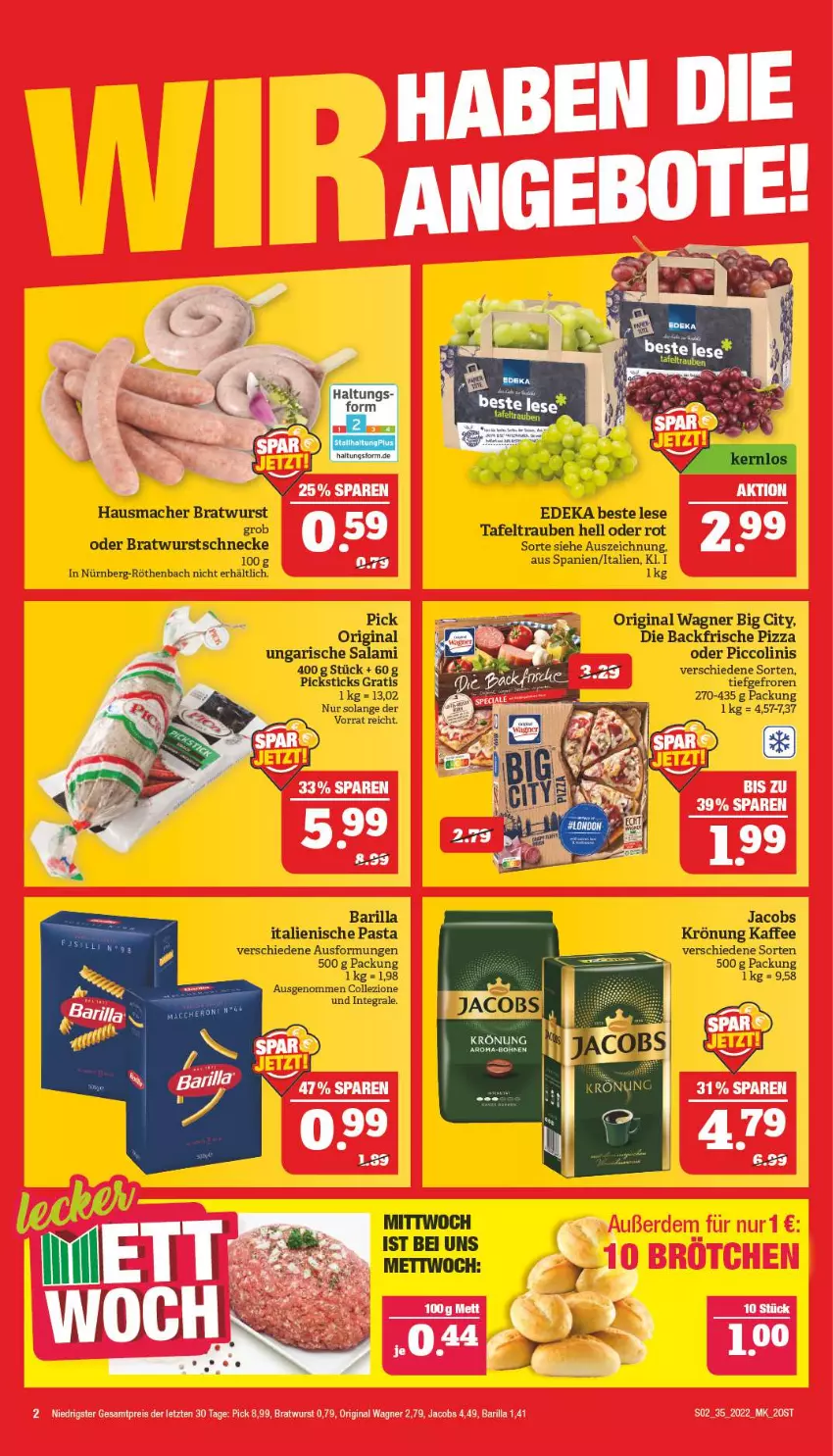 Aktueller Prospekt Marktkauf - Prospekt - von 28.08 bis 03.09.2022 - strona 6 - produkty: barilla, bratwurst, deka, eis, gin, Hausmacher, italienische pasta, jacobs, jacobs krönung, kaffee, mac, oder piccolinis, original wagner, pasta, piccolinis, pizza, reis, salami, tafeltrauben, Ti, trauben, Ungarische Salami, wagner, wurst, ZTE