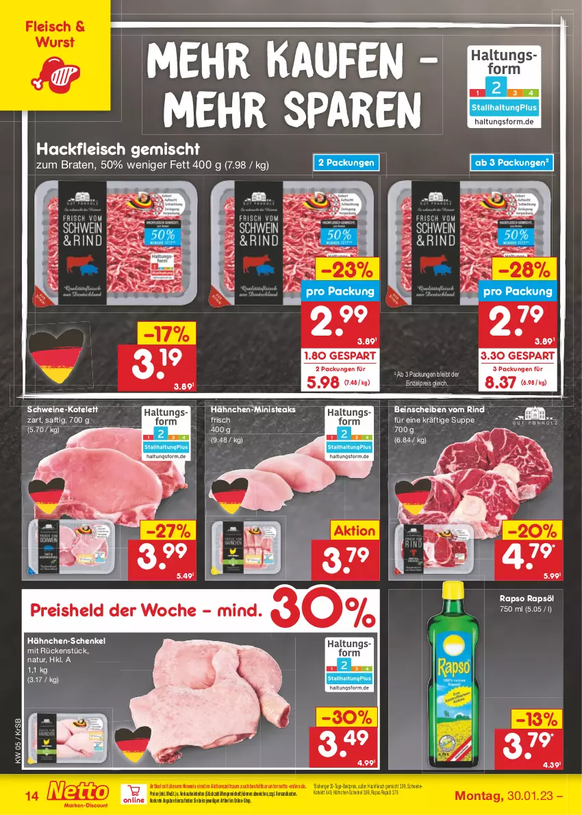 Aktueller Prospekt Netto Marken-Discount - Filial-Angebote - von 30.01 bis 04.02.2023 - strona 14 - produkty: bestpreis, braten, eis, fleisch, hackfleisch, hackfleisch gemischt, hähnchen-schenkel, henkel, kotelett, natur, ndk, rapso, rapsöl, reis, rind, saft, schenkel, schwein, schweine, schweinekotelett, steak, steaks, suppe, Ti, wein, weine, wurst