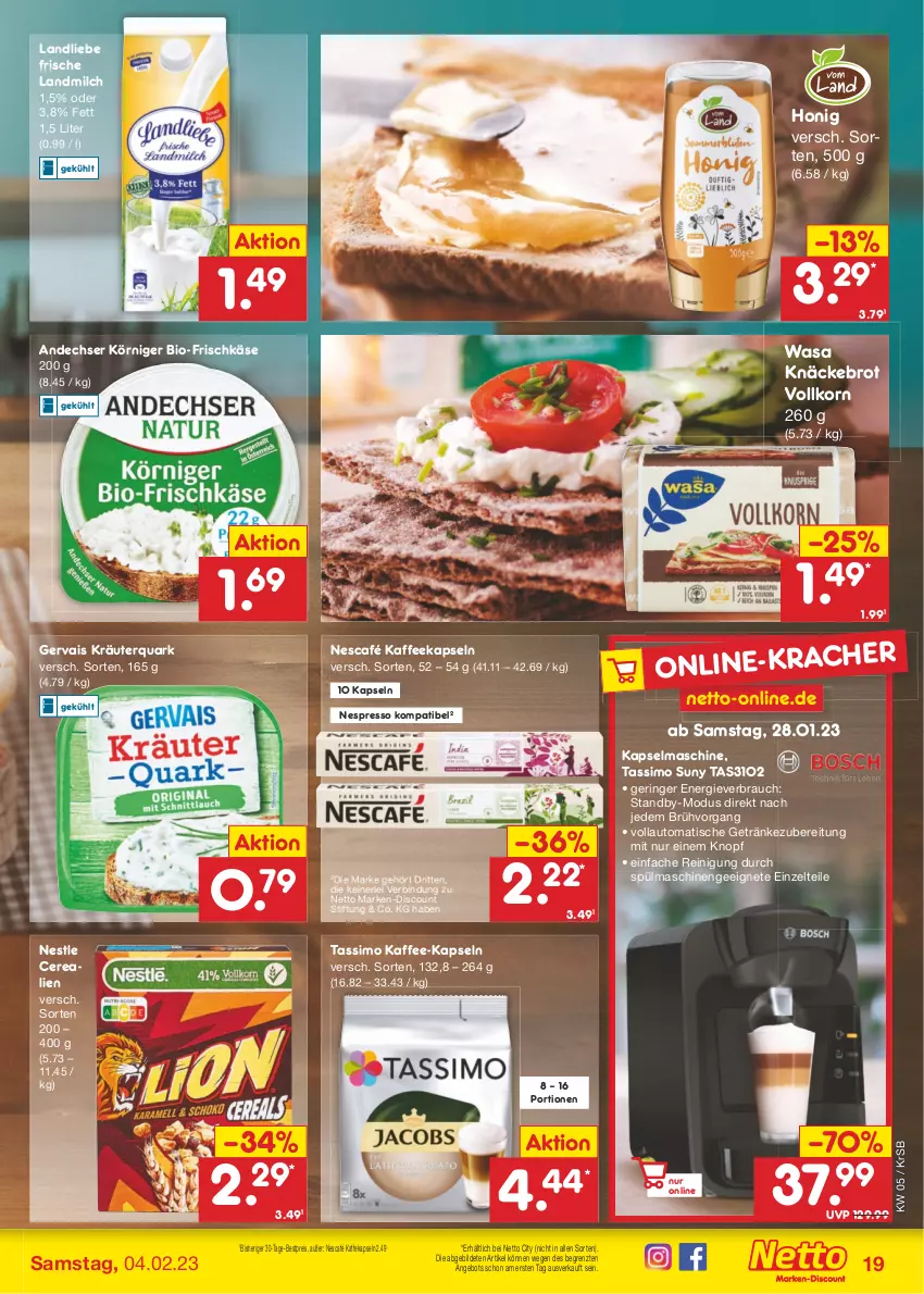 Aktueller Prospekt Netto Marken-Discount - Filial-Angebote - von 30.01 bis 04.02.2023 - strona 19 - produkty: angebot, auto, bestpreis, bio, brot, cerealien, discount, eis, espresso, frischkäse, gervais, getränk, getränke, honig, kaffee, kaffee-kapseln, kaffeekapseln, Kapselmaschine, Käse, knäckebrot, korn, kracher, kräuter, landliebe, landmilch, marken-discount, milch, Nescafé, nespresso, quark, Rauch, Reinigung, reis, ring, sim, spülmaschinen, tassimo, Ti, tisch, wasa, Zelt, ZTE