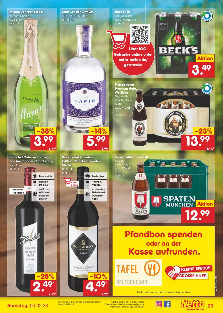 Aktueller Prospekt Netto Marken-Discount - Filial-Angebote - von 30.01 bis 04.02.2023 - strona 23 - produkty: angebot, aust, bestpreis, bier, cabernet, cabernet sauvignon, chardonnay, dry gin, eis, fleisch, franziskaner, getränk, getränke, gin, Hefe, jahrgangssekt, Käse, leine, london dry, london dry gin, merl, merlot, mumm, natur, pasta, pils, reis, rotwein, sauvignon, sekt, Spaten, Ti, wein, Wild, ZTE