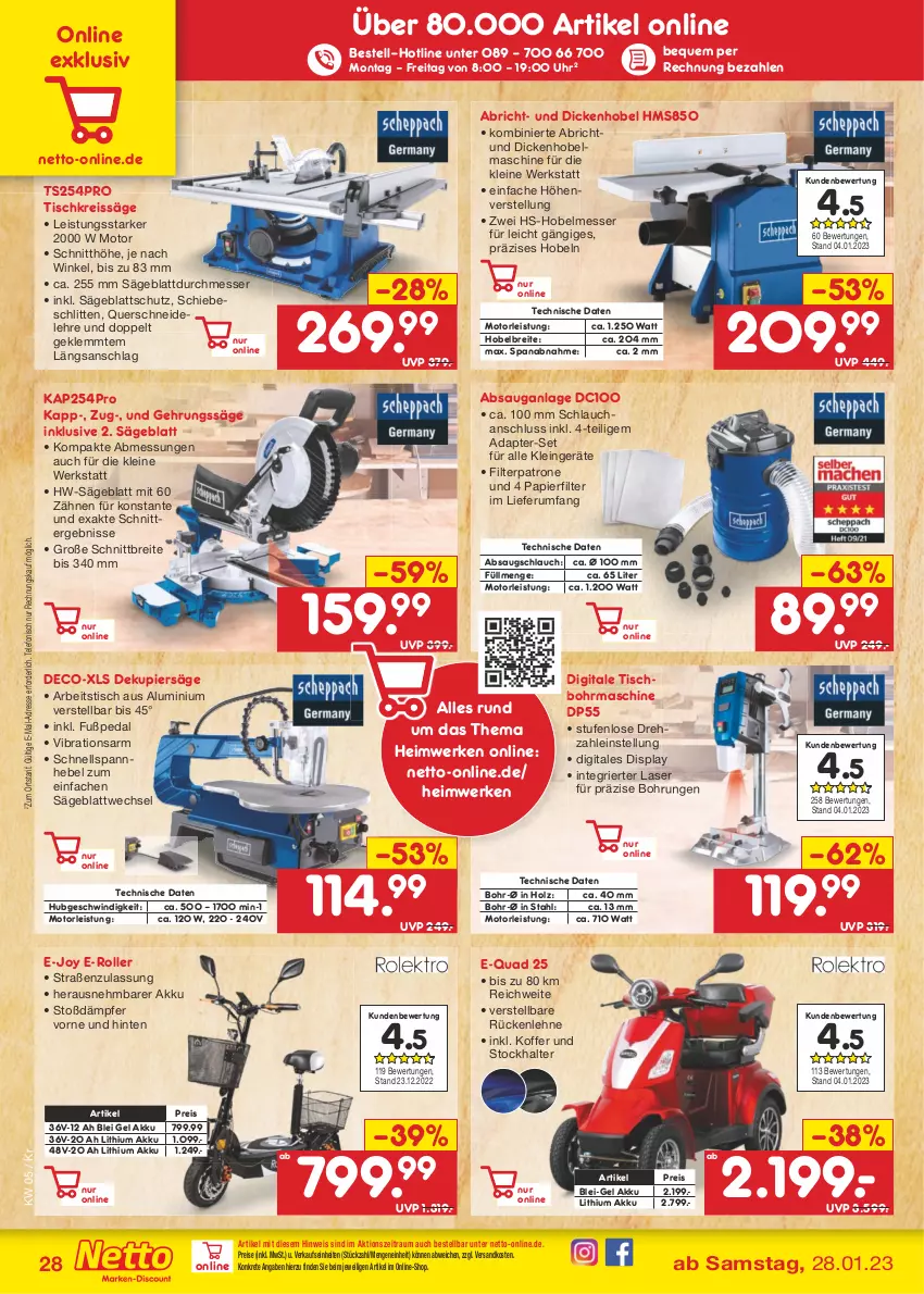 Aktueller Prospekt Netto Marken-Discount - Filial-Angebote - von 30.01 bis 04.02.2023 - strona 28 - produkty: adapter, akku, Brei, E-Roller, eis, Gehrungssäge, Holz, koffer, leine, messer, ndk, papier, quad, reis, reiss, Roller, rückenlehne, rum, säge, schlauch, Schlitten, telefon, Ti, tisch, Tischbohrmaschine, Tischkreissäge, uhr