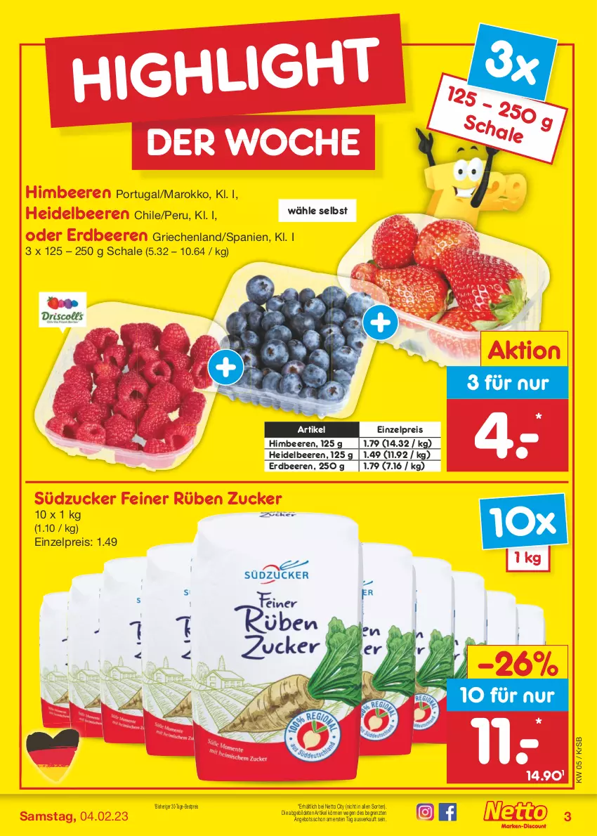 Aktueller Prospekt Netto Marken-Discount - Filial-Angebote - von 30.01 bis 04.02.2023 - strona 3 - produkty: angebot, beere, beeren, bestpreis, eis, erdbeere, erdbeeren, heidelbeere, heidelbeeren, himbeer, himbeere, himbeeren, reis, Schal, Schale, südzucker, Ti, ZTE, zucker