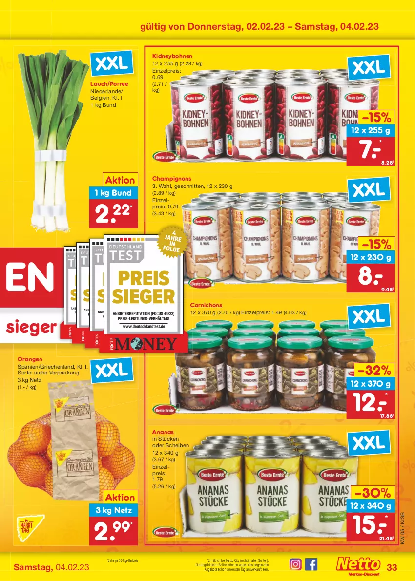 Aktueller Prospekt Netto Marken-Discount - Filial-Angebote - von 30.01 bis 04.02.2023 - strona 33 - produkty: ananas, angebot, bestpreis, bohne, bohnen, champignon, champignons, eis, kidney, LG, orange, orangen, reis, schnitten, Ti, ZTE