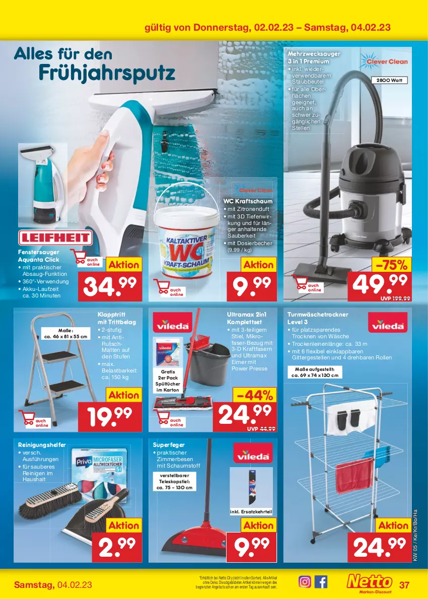 Aktueller Prospekt Netto Marken-Discount - Filial-Angebote - von 30.01 bis 04.02.2023 - strona 37 - produkty: akku, angebot, aqua, Becher, beutel, eimer, elle, fenster, fenstersauger, klapptritt, kraft, leine, mikrofaser, rama, Reinigung, rwe, staubbeutel, Teleskop, teleskopstiel, Ti, tisch, Trockner, tücher, wäschetrockner, weck, zitrone, zitronen, ZTE