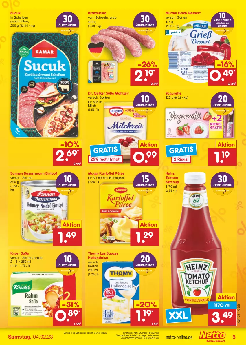 Aktueller Prospekt Netto Marken-Discount - Filial-Angebote - von 30.01 bis 04.02.2023 - strona 5 - produkty: angebot, Becher, bestpreis, dessert, Dr. Oetker, eintopf, eis, heinz, hollandaise, kartoffel, ketchup, knorr, maggi, milch, milram, püree, reis, riegel, sauce, schnitten, schwein, Soße, Sucuk, thomy, thomy les sauces, Ti, tomato ketchup, topf, wein, Yo, yogurette, ZTE