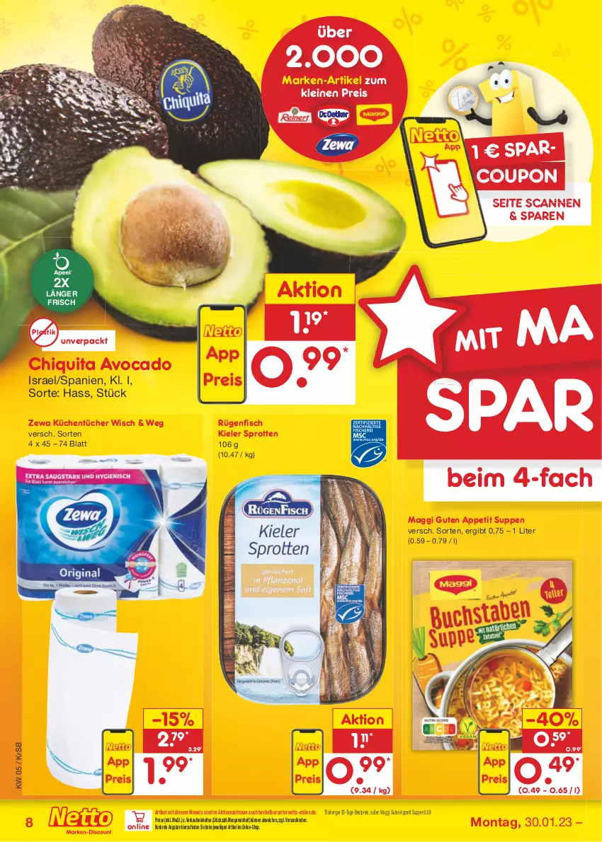 Aktueller Prospekt Netto Marken-Discount - Filial-Angebote - von 30.01 bis 04.02.2023 - strona 8 - produkty: asti, avocado, bestpreis, chiquita, coupon, eis, fisch, küche, Küchen, küchentücher, leine, maggi, ndk, reis, rügenfisch, Sprotten, suppe, suppen, Ti, tücher, zewa