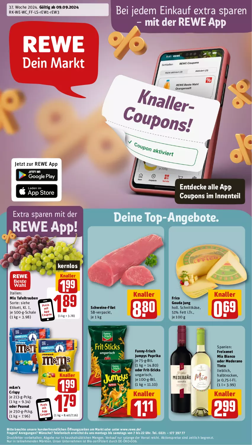 Aktueller Prospekt Rewe - Prospekte - von 09.09 bis 14.09.2024 - strona 1 - produkty: aktionspreis, angebot, angebote, bio, coupon, coupons, decke, eis, ente, filet, freixenet, frico, Frit-Sticks, funny-frisch, gouda, gouda jung, Käse, paprika, reis, Schal, Schale, schnittkäse, schwein, schweine, schweine-filet, tafeltrauben, telefon, Ti, top-angebot, trauben, uhr, wein, weine