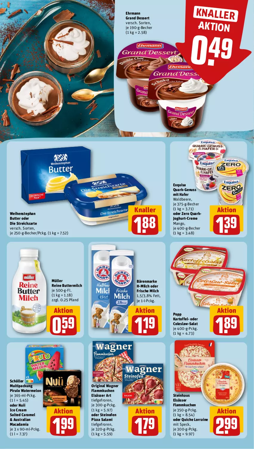 Aktueller Prospekt Rewe - Prospekte - von 09.09 bis 14.09.2024 - strona 10 - produkty: aust, bärenmarke, Becher, beere, butter, buttermilch, caramel, Coleslaw, creme, dessert, ehrmann, Ehrmann Grand Dessert, elsässer art, exquisa, flammkuchen, frische milch, gin, hafer, joghur, joghurt, kartoffel, kuchen, lamm, mac, macadamia, mango, milch, Müller, nuii, nuss, Ofen, original wagner, pizza, Popp, quark, Quiche, reine buttermilch, salami, salat, Schöller, Speck, steinhaus, steinofen, steinofen pizza, Streichzart, Ti, wagner, weihenstephan