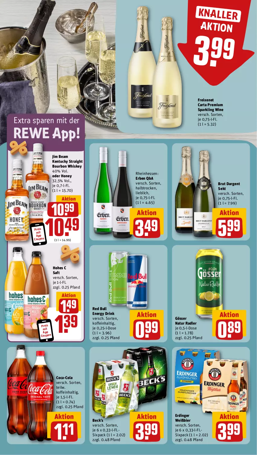 Aktueller Prospekt Rewe - Prospekte - von 09.09 bis 14.09.2024 - strona 11 - produkty: bier, bourbon, bourbon whiskey, brut, brut dargent, coca-cola, cola, coupon, drink, eis, energy drink, erdinger, freixenet, gösser, Hohes C, jim beam, kentucky straight, natur, natur radler, radler, red bull, reis, saft, sekt, Ti, tuc, whiskey