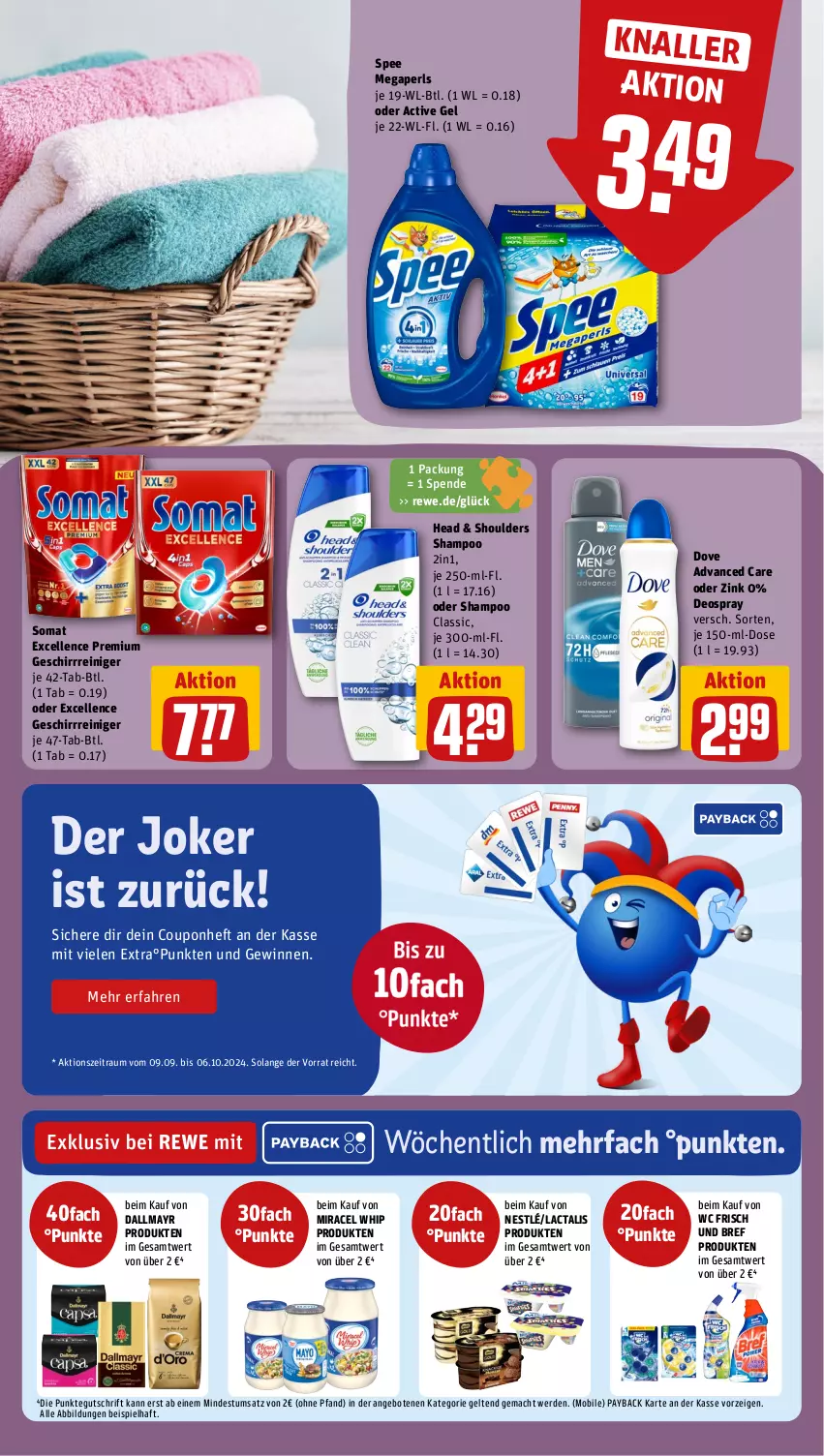 Aktueller Prospekt Rewe - Prospekte - von 09.09 bis 14.09.2024 - strona 17 - produkty: angebot, angebote, Bref, coupon, dallmayr, deo, deospray, dove, eis, elle, erde, geschirr, mac, megaperls, miracel, miracel whip, nestlé, payback, reiniger, shampoo, somat, spee, Ti, wc frisch