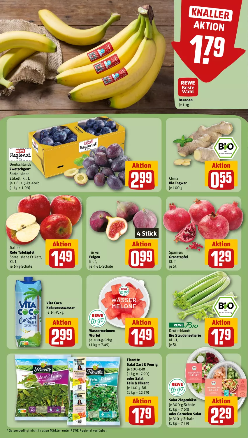 Aktueller Prospekt Rewe - Prospekte - von 09.09 bis 14.09.2024 - strona 4 - produkty: apfel, banane, bananen, bio, elle, Feigen, florette, garnelen, grana, granatapfel, ingwer, Käse, kokos, kokosnuss, korb, melone, melonen, nuss, Rana, rote tafeläpfel, salat, Schal, Schale, stauden, tafeläpfel, Ti, vita, Vita C, wasser, wassermelone, wassermelonen, würfel, ziegenkäse