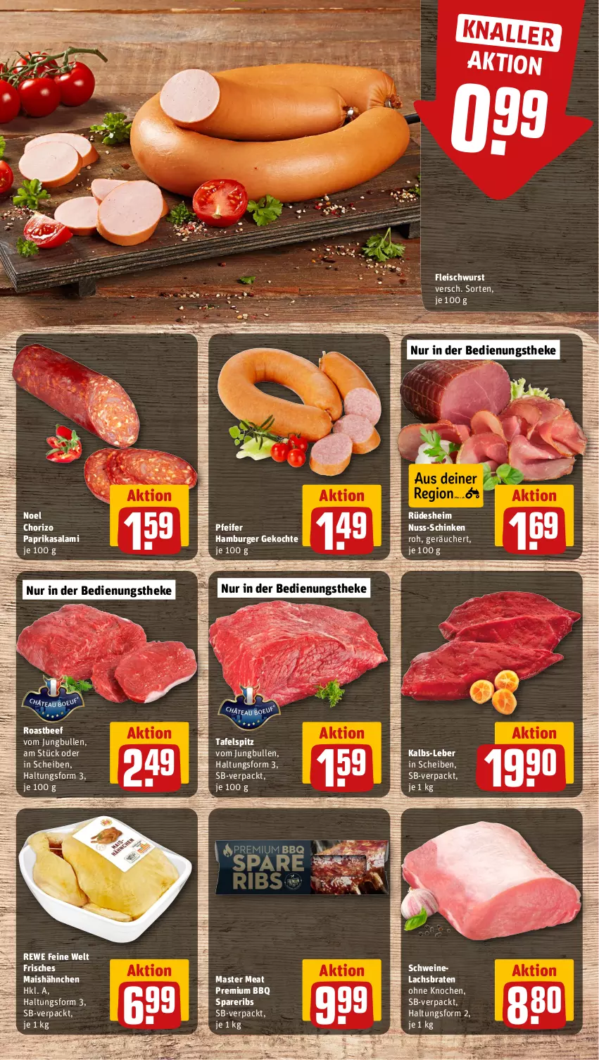 Aktueller Prospekt Rewe - Prospekte - von 09.09 bis 14.09.2024 - strona 6 - produkty: beef, braten, burger, chorizo, eis, fleisch, fleischwurst, hamburger, jungbullen, lachs, Lachsbraten, mais, nuss, paprika, rewe feine welt, roastbeef, salami, schinken, schwein, schweine, Schweinelachs, spareribs, tafelspitz, Ti, wein, weine, wurst