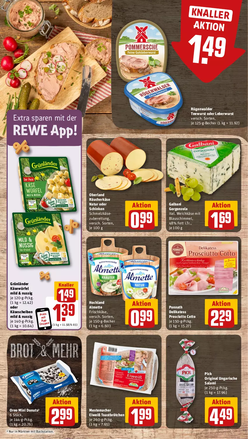 Aktueller Prospekt Rewe - Prospekte - von 09.09 bis 14.09.2024 - strona 7 - produkty: almette, Becher, brötchen, coupon, Donut, donuts, eis, frischkäse, galbani, gin, gorgonzola, grünländer, hochland, Käse, käsescheiben, leberwurst, mac, mestemacher, Mett, natur, nuss, oreo, ponnath, prosciutto, prosciutto cotto, reis, rügenwalder, salami, schinken, Schmelzkäse, tee, teewurst, Ti, toast, Ungarische Salami, weichkäse, würfel, wurst