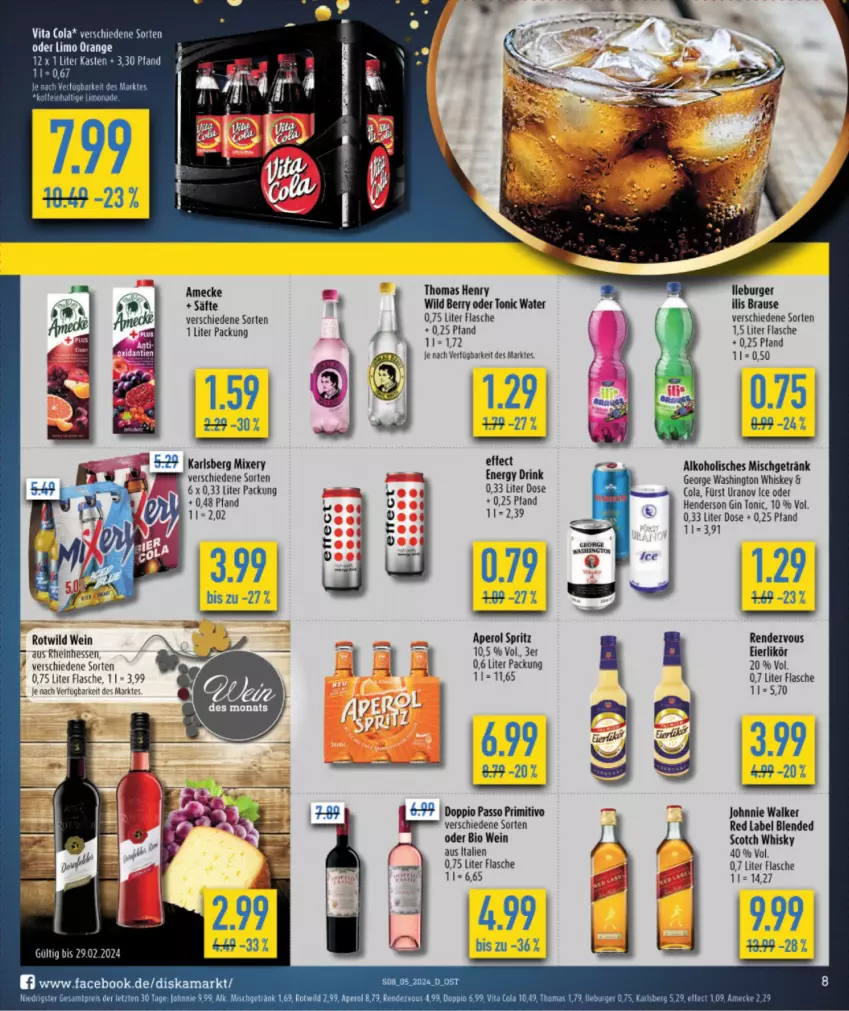 Aktueller Prospekt Budni - von 29.01 bis 03.02.2024 - strona 8 - produkty: alkohol, amecke, aperol, bio, brause, burger, cola, doppio passo, drink, Effect, eier, eierlikör, eis, enders, energy drink, flasche, getränk, gin, johnnie walker, karlsberg, karlsberg mixery, likör, limo, limonade, Mixer, mixery, orange, passo, primitivo, reis, säfte, scotch, scotch whisky, thomas henry, Ti, tonic, tonic water, wein, whiskey, whisky, Wild, wild berry, ZTE