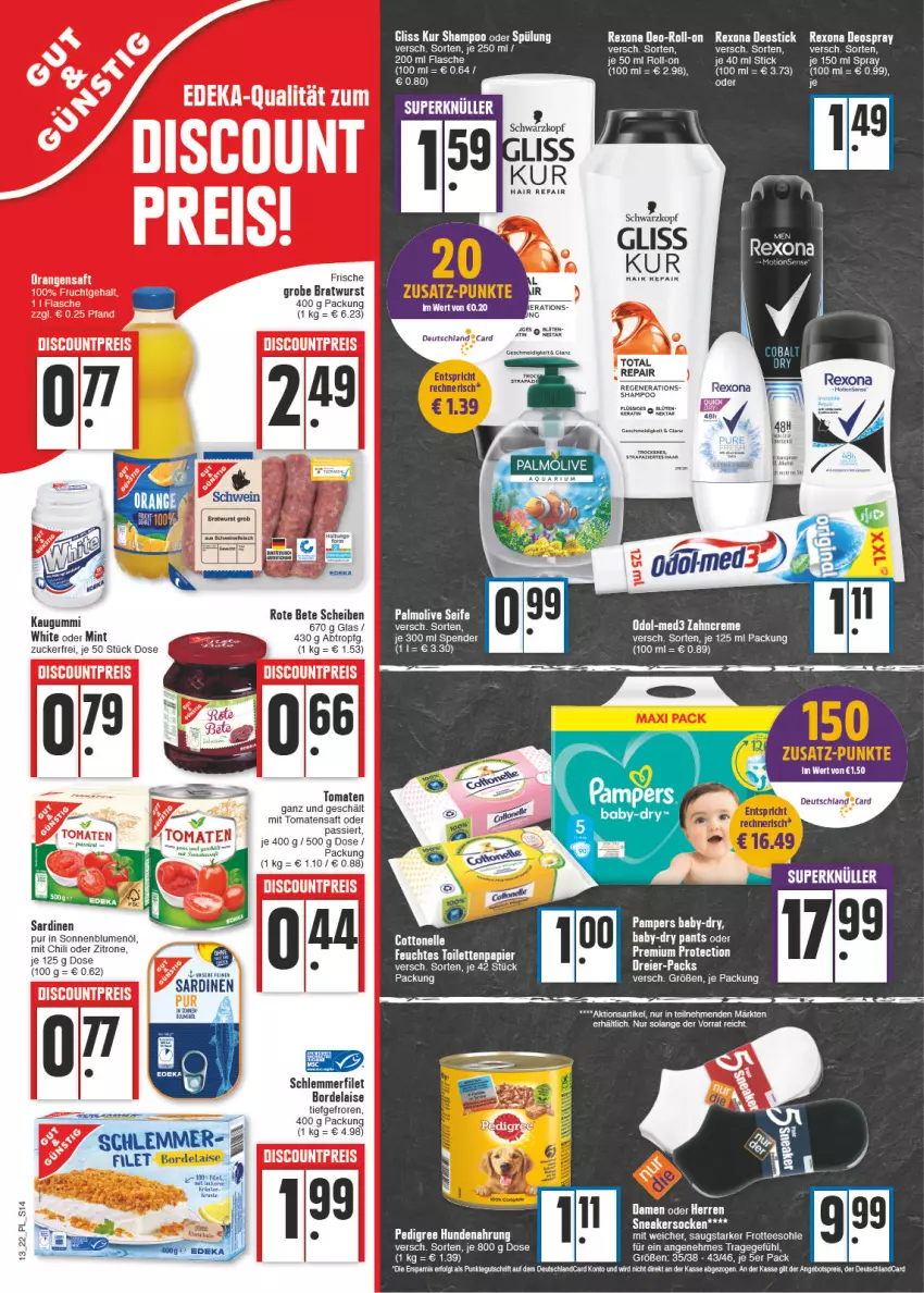 Aktueller Prospekt E Center - Angebote der Woche - von 28.03 bis 02.04.2022 - strona 14 - produkty: angebot, angebotspreis, baby-dry, blume, blumen, blumenöl, bordelaise, bratwurst, chili, creme, deo, deospray, Deostick, deutschlandcard, eier, eis, feuchtes toilettenpapier, filet, flasche, gliss, grobe bratwurst, hundenahrung, kaugummi, kräuter, LG, mint, Nektar, Odol, olive, palmolive, Pants, papier, pedigree, reis, rexona, roll-on, rote bete, Sardinen, schlemmerfilet, schwarzkop, schwarzkopf, Seife, shampoo, sonnenblume, sonnenblumen, sonnenblumenöl, tee, Ti, toilettenpapier, tomate, tomaten, wurst, zahncreme, zucker