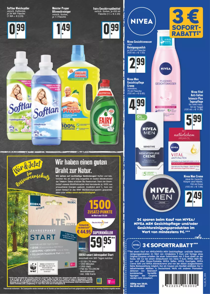 Aktueller Prospekt E Center - Angebote der Woche - von 28.03 bis 02.04.2022 - strona 15 - produkty: after shave, coupon, coupons, creme, deka, deutschland card, deutschlandcard, duschgel, eier, eis, ente, erde, fairy, flasche, geschirr, geschirrspülmittel, gesichtspflege, Gesichtswasser, gin, LG, Meister, meister proper, Mexx, milch, nivea, Nivea Men, reifen, Reinigung, Reinigungsmilch, reis, Schütze, Seife, sim, sofortrabatt, spülmittel, Tagespflege, tee, Ti, usb, wasser, weck