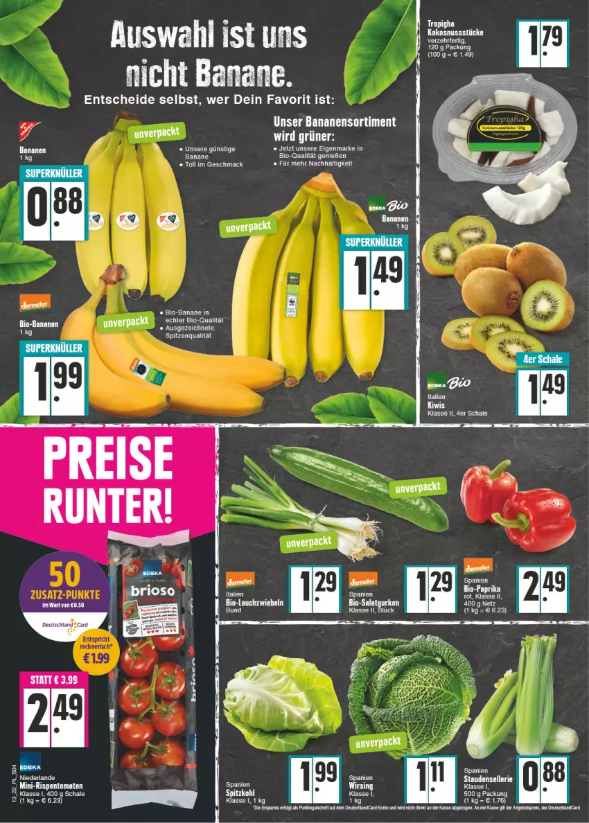 Aktueller Prospekt E Center - Angebote der Woche - von 28.03 bis 02.04.2022 - strona 4 - produkty: angebot, angebotspreis, banane, bananen, bio, bio-bananen, Bio-Paprika, deka, deutschlandcard, eis, elle, gurke, gurken, kiwi, kokos, kokosnuss, Lauchzwiebel, lauchzwiebeln, LG, mac, mini-rispentomaten, nuss, paprika, reis, rispentomaten, salat, Salatgurke, salatgurken, Schal, Schale, spitzenqualität, stauden, Ti, tomate, tomaten, Wirsing, zwiebel, zwiebeln