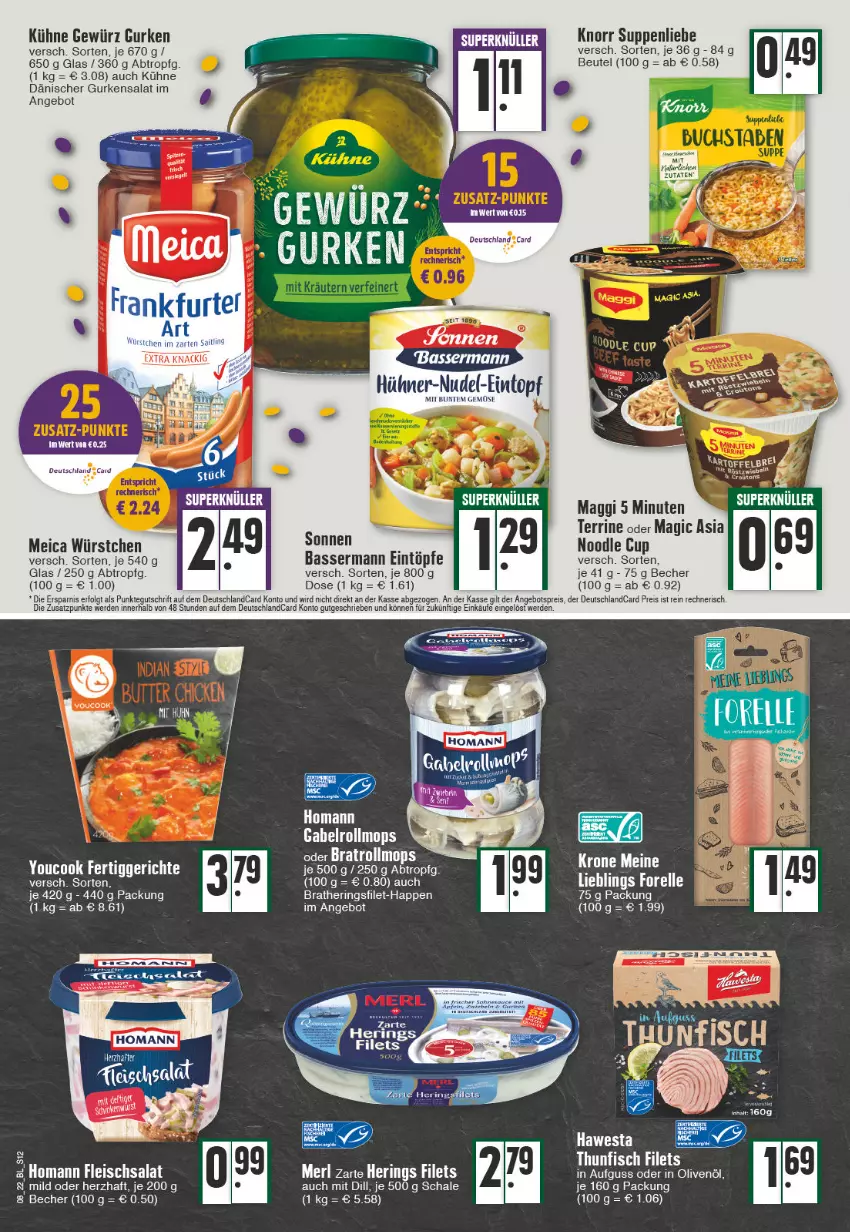 Aktueller Prospekt Edeka - Angebote der Woche - von 21.02 bis 26.02.2022 - strona 12 - produkty: angebot, angebotspreis, Becher, beutel, deutschlandcard, eintopf, eintöpfe, eis, ente, erde, filet, filets, fleisch, fleischsalat, gewürz, gurke, gurken, gurkensalat, hawesta, hering, Herings, homann, hühner, in olivenöl, knorr, krone, Kühne, LG, maggi, meica, merl, nudel, olive, oliven, olivenöl, reis, ring, salat, Schal, Schale, suppe, suppen, suppenliebe, terrine, Ti, topf, würstchen