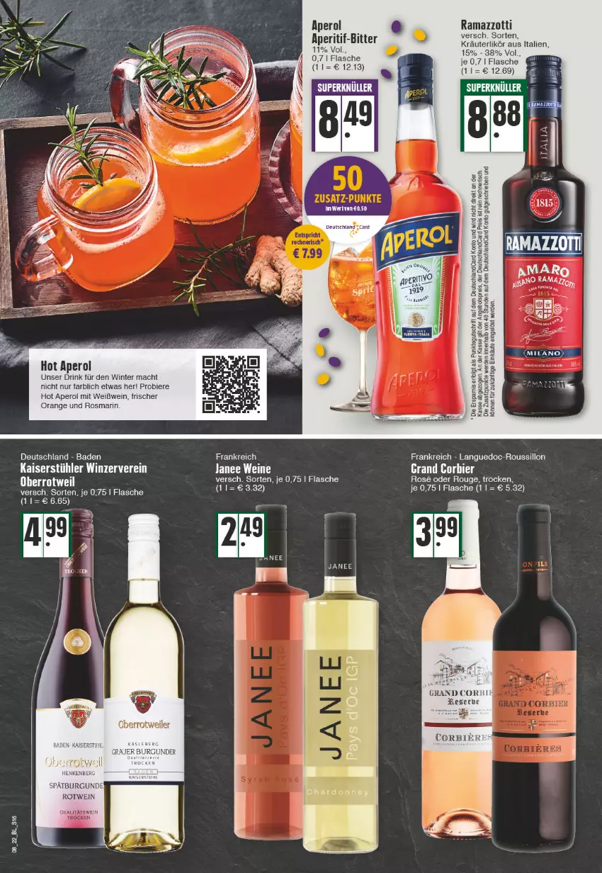 Aktueller Prospekt Edeka - Angebote der Woche - von 21.02 bis 26.02.2022 - strona 16 - produkty: aperitif, aperol, Bad, bier, Biere, deutschlandcard, drink, eis, erde, flasche, Kaiser, kräuter, kräuterlikör, LG, likör, mac, orange, qualitätswein, rama, ramazzott, ramazzotti, reis, rosmarin, rotwein, rouge, Stühl, Ti, wein, weine, Weißwein, zott