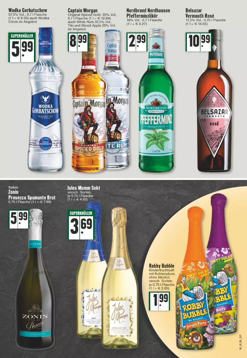 Aktueller Prospekt Edeka - Angebote der Woche - von 21.02 bis 26.02.2022 - strona 17 - produkty: alkohol, angebot, Apple, Belsazar, brut, Cap, captain morgan, ecco, flasche, frucht, fruchtsaft, gin, Gorbatschow, jules mumm, Kinder, likör, mumm, nordbrand, ohne alkohol, original spiced gold, pfeffer, pfefferminzlikör, prosecco, puma, robby, rum, saft, sekt, spumante, Ti, Vermouth, white rum, wodka, zonin