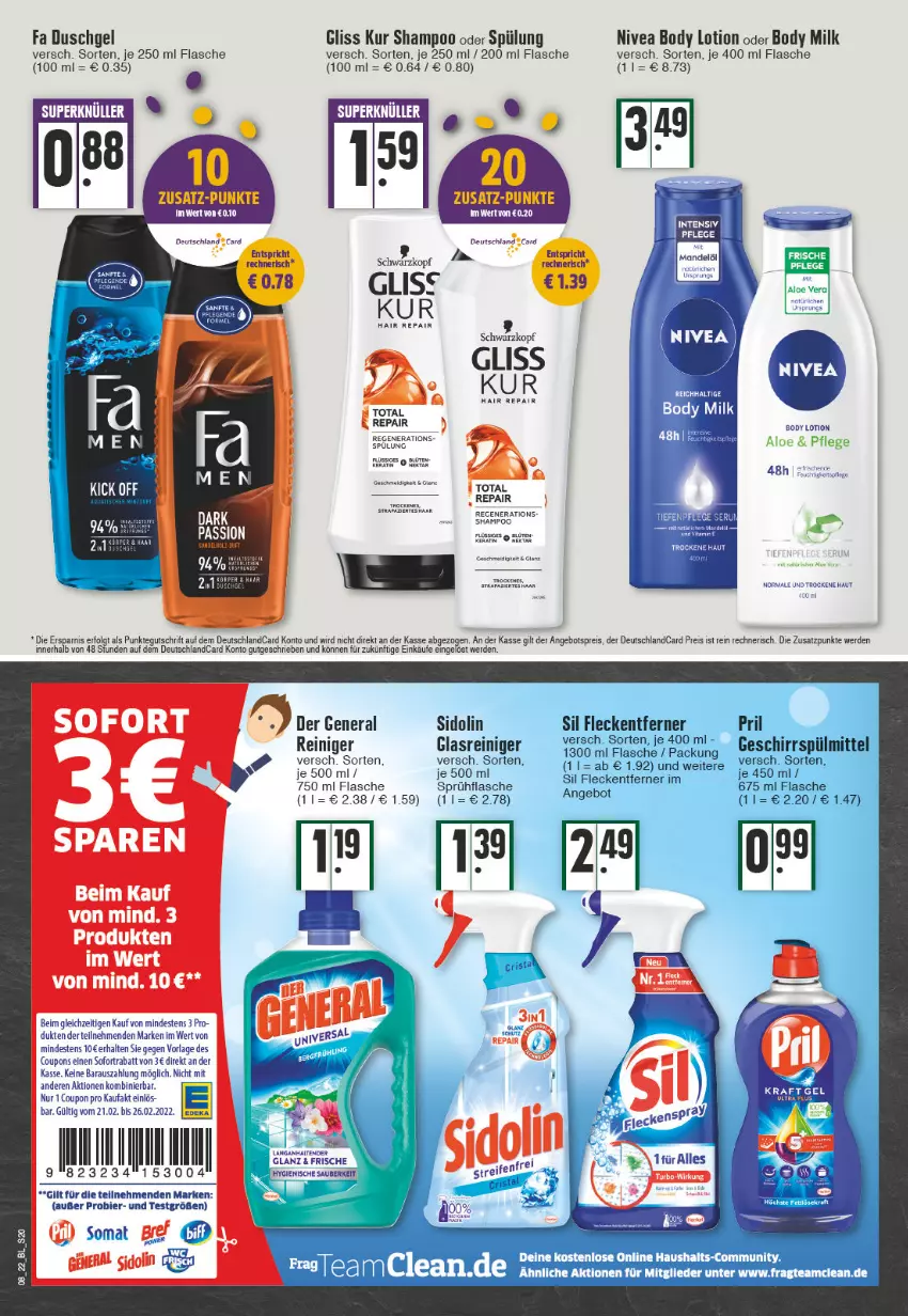 Aktueller Prospekt Edeka - Angebote der Woche - von 21.02 bis 26.02.2022 - strona 20 - produkty: angebot, angebotspreis, bier, body, body lotion, body milk, coupon, coupons, deutschland card, deutschlandcard, duschgel, eis, erde, fa duschgel, flasche, fleckentferner, geschirr, geschirrspülmittel, gliss, gliss kur, LG, Lotion, nivea, pril, reiniger, reis, shampoo, shampoo oder spülung, sidolin, sofortrabatt, spülmittel, spülung, Ti