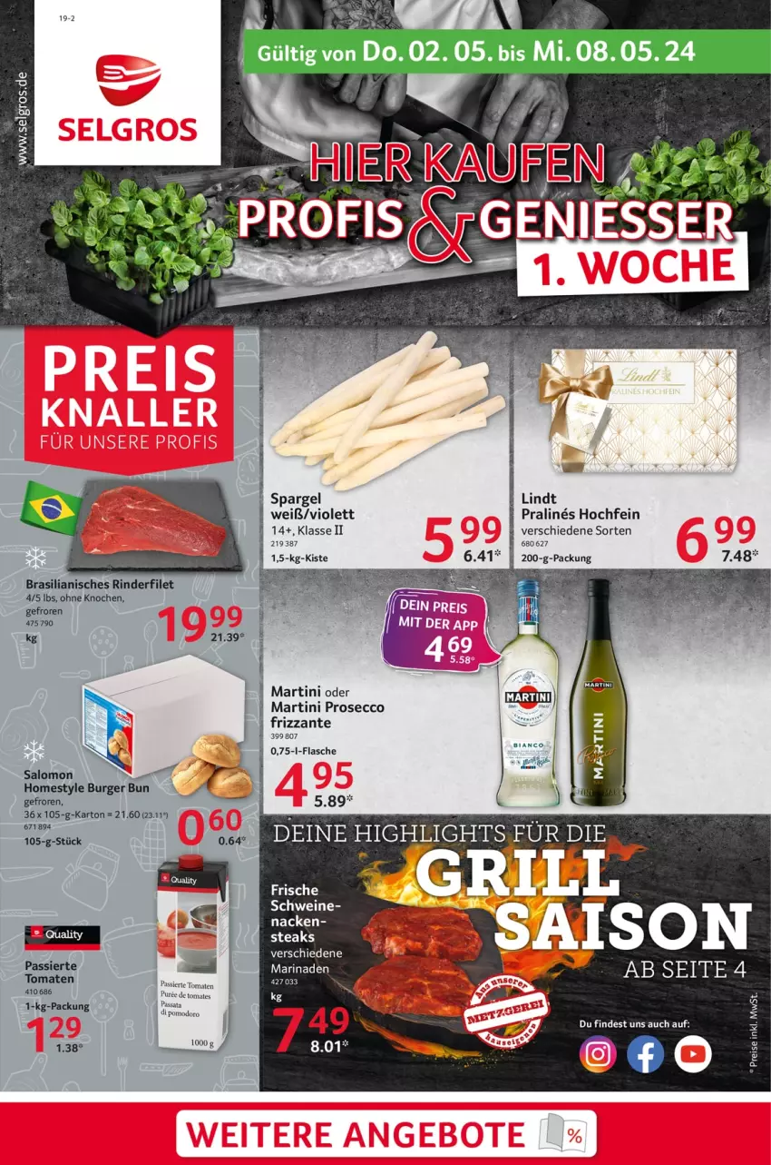 Aktueller Prospekt Selgros - Food - von 02.05 bis 08.05.2024 - strona 1 - produkty: burger, ecco, filet, flasche, frizzante, lindt, martini, prosecco, rind, rinder, rinderfilet, salomon, schwein, schweine, spargel, steak, steaks, Ti, tomate, tomaten, wein, weine