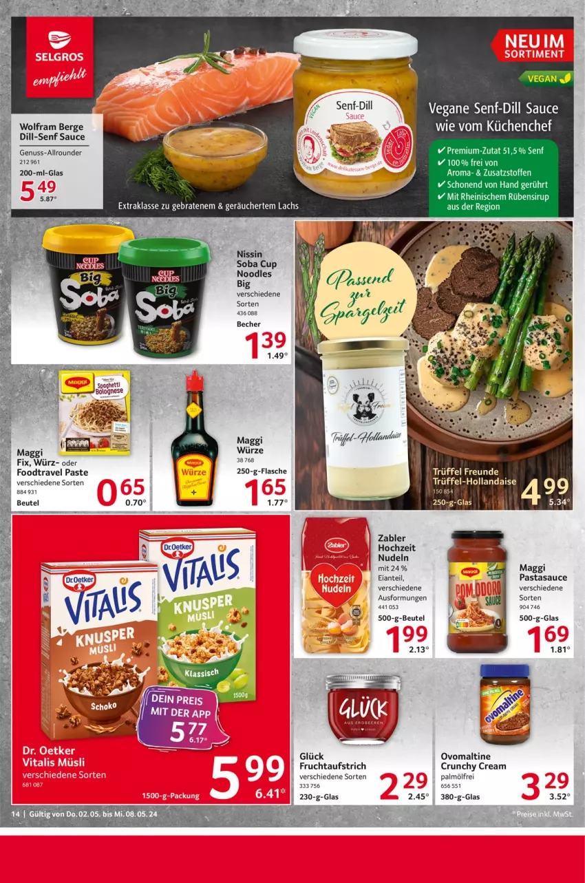 Aktueller Prospekt Selgros - Food - von 02.05 bis 08.05.2024 - strona 14 - produkty: aufstrich, Becher, beutel, braten, flasche, frucht, fruchtaufstrich, hollandaise, lachs, maggi, Nissin, nudel, nudeln, ovomaltine, pasta, sauce, senf, sirup, spaghetti, Ti, Trüffel, Zabler