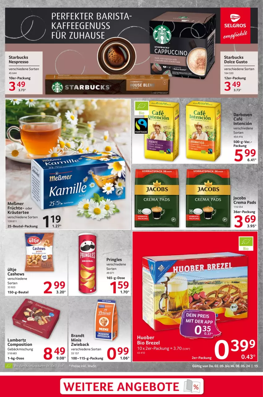 Aktueller Prospekt Selgros - Food - von 02.05 bis 08.05.2024 - strona 15 - produkty: Amber, beutel, brandt, Cashew, crema pads, dolce gusto, elle, espresso, früchte, gebäckmischung, jacobs, kräuter, lambertz, Meßmer, nespresso, pringles, ring, starbucks, tee, Ti, ültje