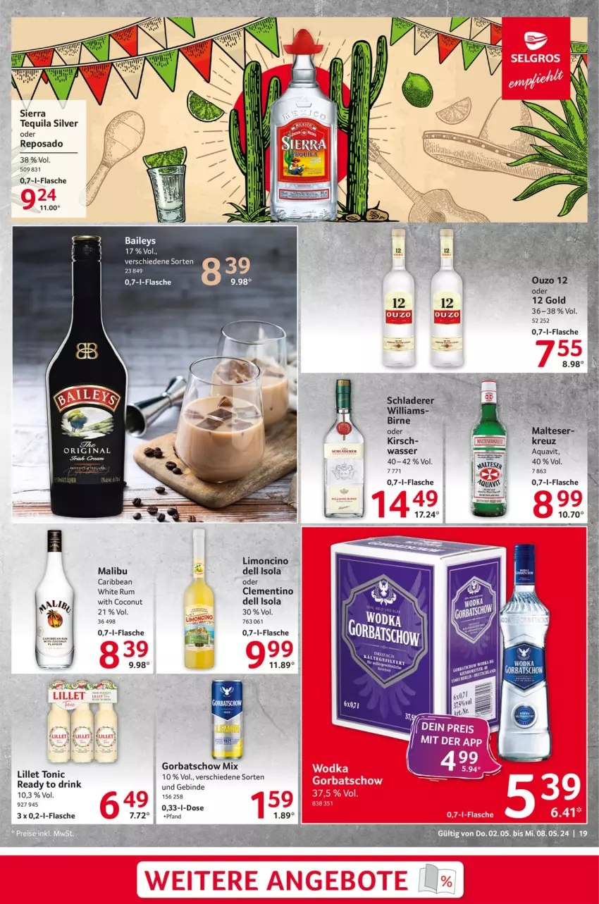 Aktueller Prospekt Selgros - Food - von 02.05 bis 08.05.2024 - strona 19 - produkty: aqua, aquavit, cin, coconut, dell, drink, flasche, gin, Gorbatschow, kirsch, lillet, limo, Malibu, malteser, ouzo, rum, Schladerer, Sierra, sierra tequila, tequila, Ti, tonic, wasser, white rum