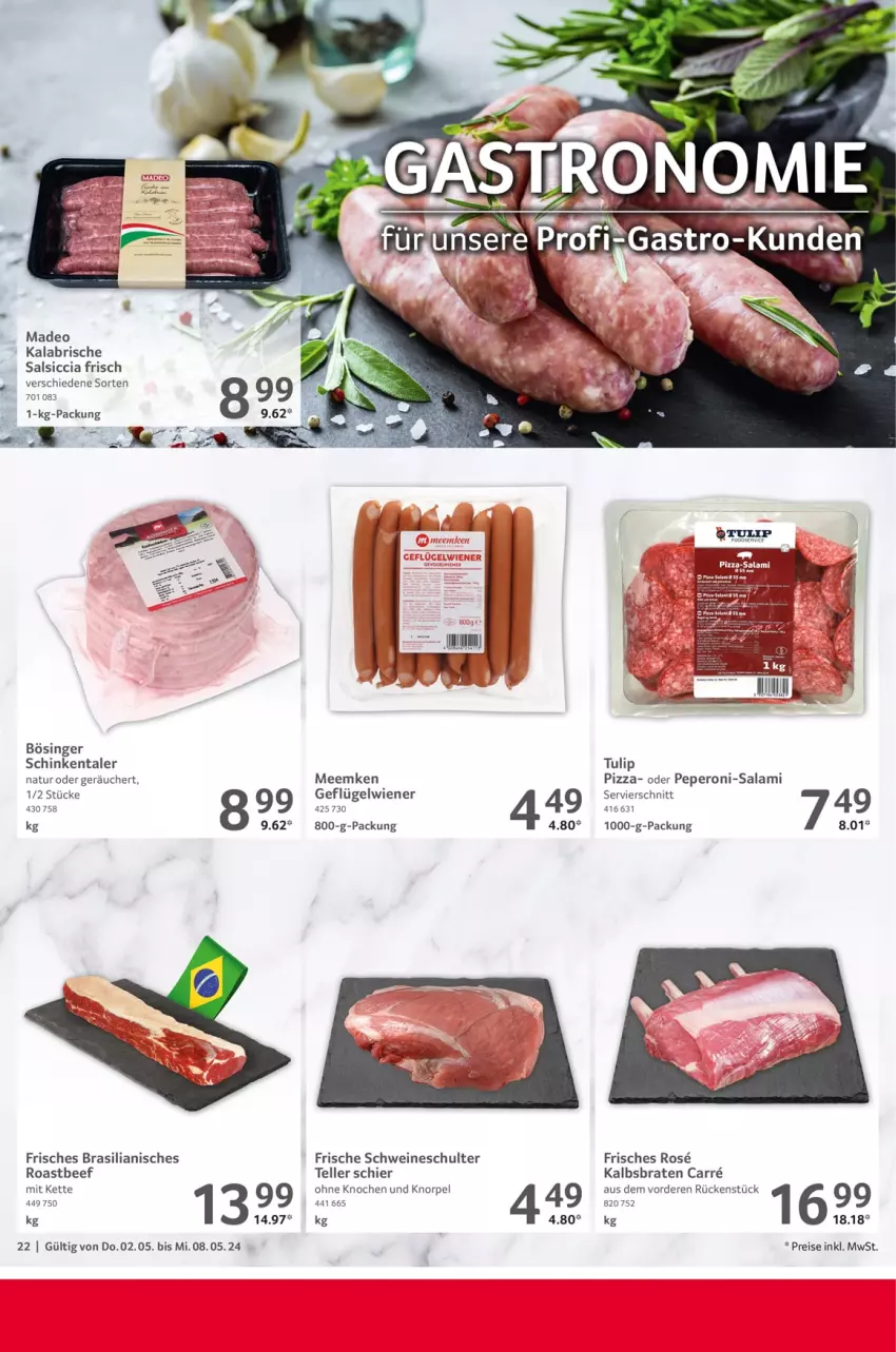 Aktueller Prospekt Selgros - Food - von 02.05 bis 08.05.2024 - strona 22 - produkty: beef, braten, deo, eis, elle, Geflügel, Kette, natur, peperoni, Peroni, pizza, reis, roastbeef, salami, salsiccia, schinken, schwein, schweine, teller, Ti, tulip, wein, weine, wiener