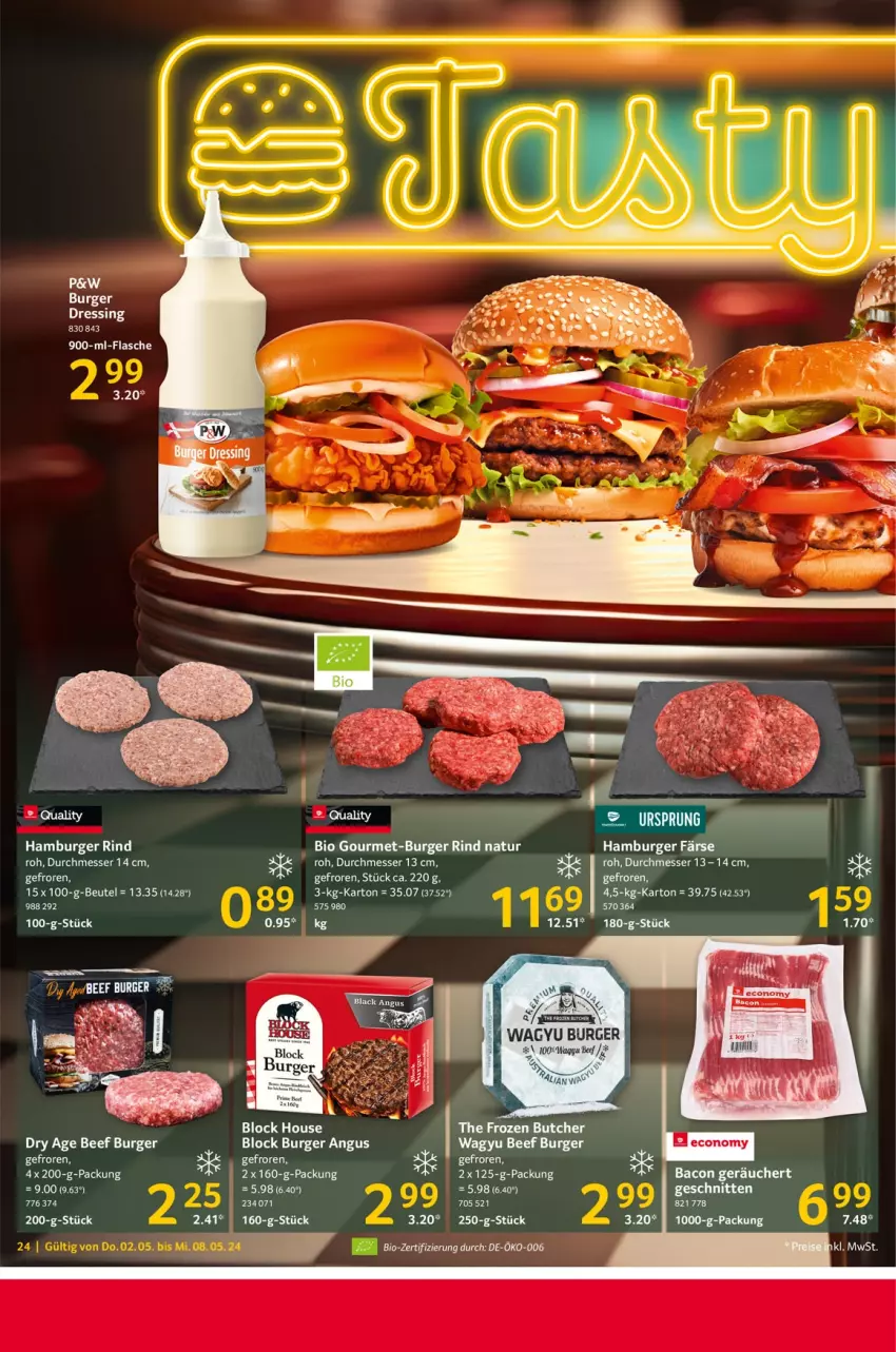 Aktueller Prospekt Selgros - Food - von 02.05 bis 08.05.2024 - strona 24 - produkty: bacon, beef, beutel, bio, burger, dressing, flasche, hamburger, LG, messer, natur, rind, schnitten, Ti