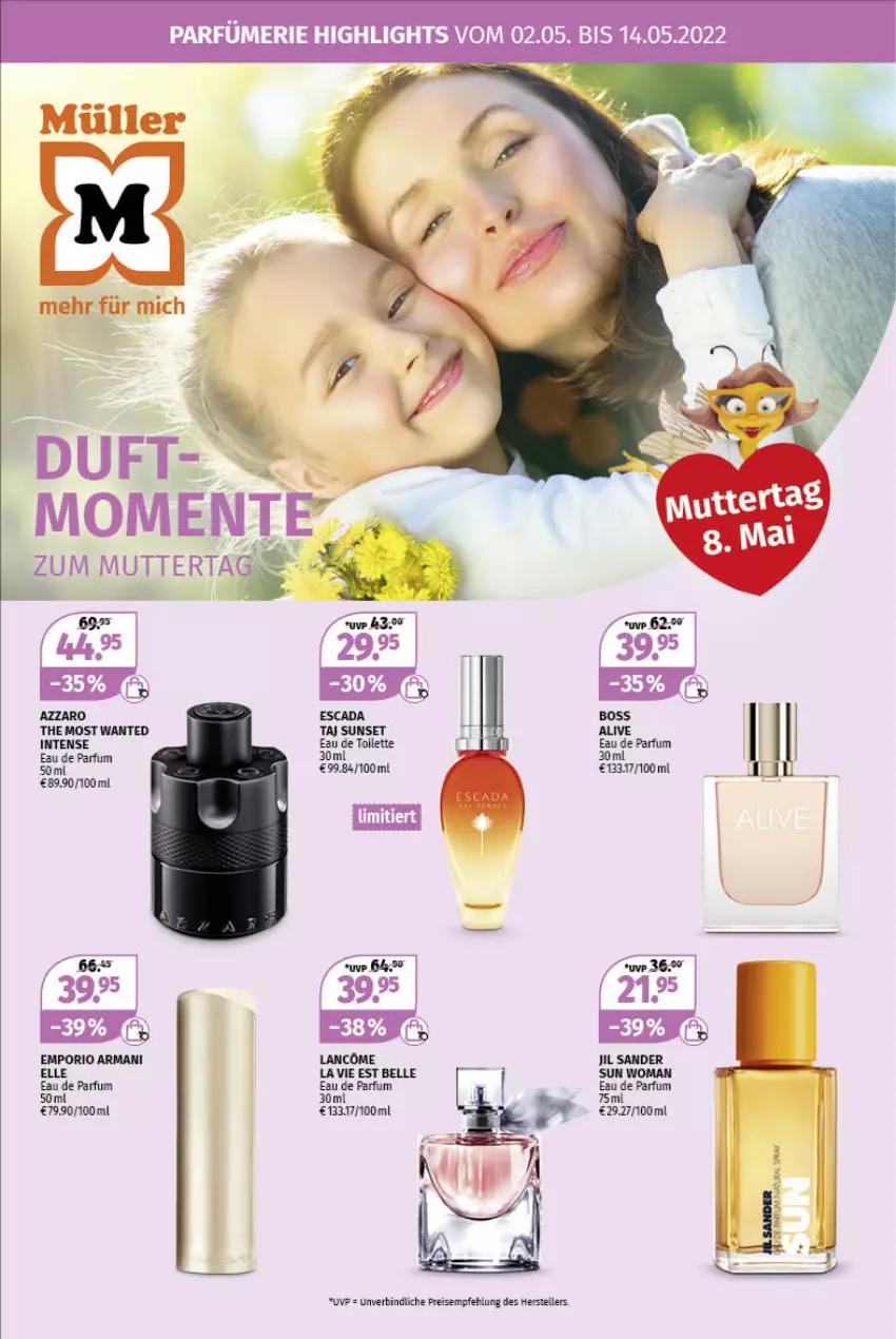 Aktueller Prospekt Mueller - Parfümerie Angebote - von 02.05 bis 14.05.2022 - strona 1 - produkty: Eau de parfum, eau de parfum 50 ml, eau de toilette, eis, elle, Emporio Armani, jil sander, Müller, parfum, reis, teller