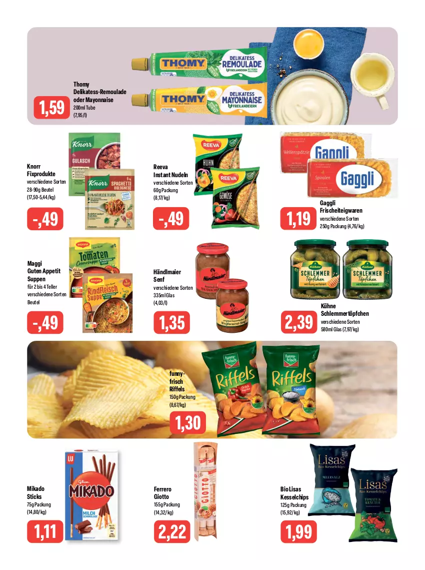 Aktueller Prospekt Feneberg - Prospekte - von 13.07 bis 15.07.2023 - strona 13 - produkty: beutel, bio, chips, elle, ferrero, gaggli, giotto, händlmaier, knorr, knorr fix, Kühne, maggi, mayonnaise, mikado, nudel, nudeln, remoulade, schlemmertöpfchen, senf, suppe, suppen, teigwaren, teller, thomy, Ti, Töpfchen, Yo