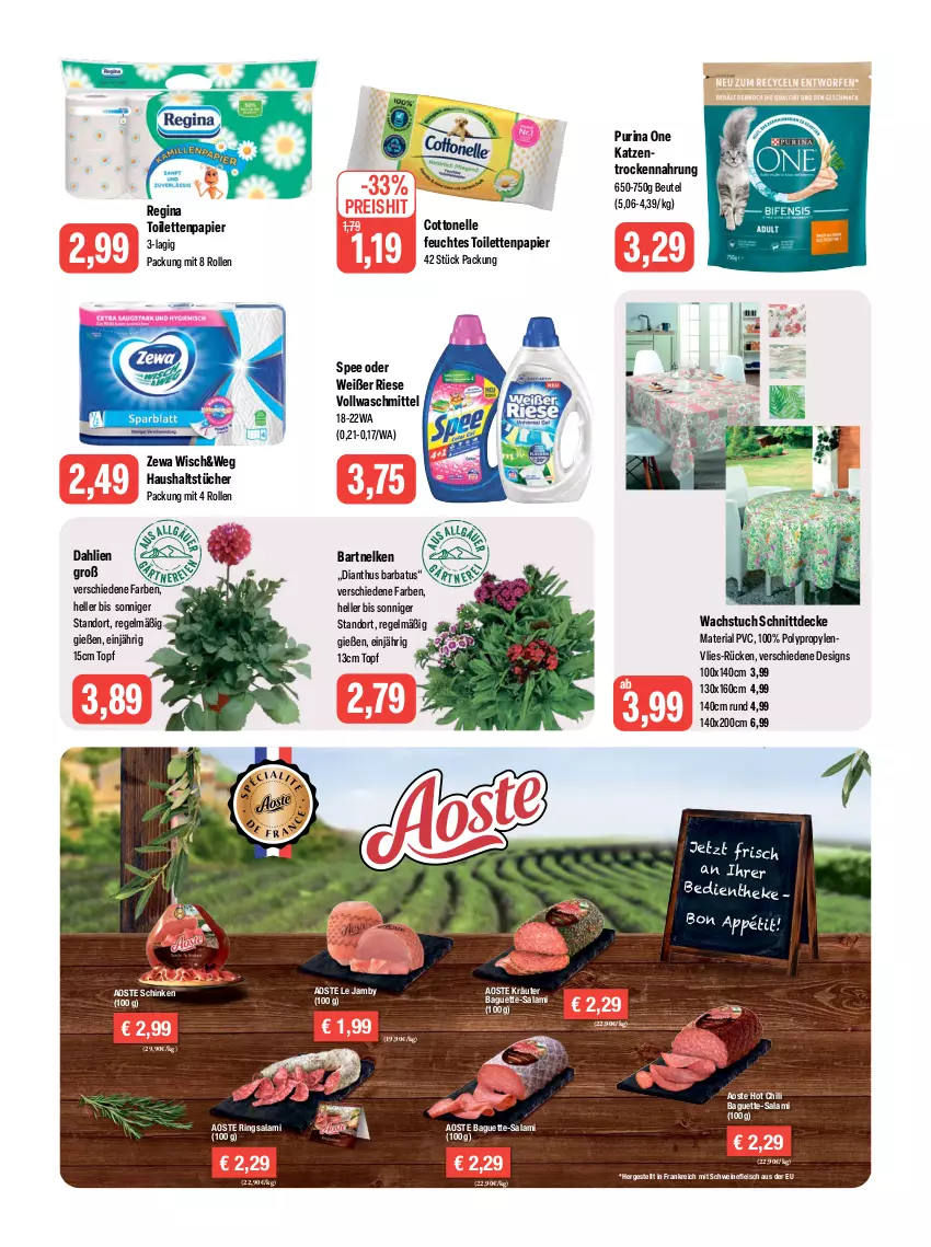 Aktueller Prospekt Feneberg - Prospekte - von 13.07 bis 15.07.2023 - strona 14 - produkty: baguette, Baguette-Salami, beutel, chili, cottonelle, dahlie, decke, eis, elle, feuchtes toilettenpapier, fleisch, gin, haushaltstücher, hot chili, kräuter, LG, papier, purina, reis, Ria, ring, salami, schinken, schwein, schweine, schweinefleisch, spee, Ti, toilettenpapier, topf, Trockennahrung, tuc, tücher, vollwaschmittel, wachstuch, waschmittel, wein, weine, zewa