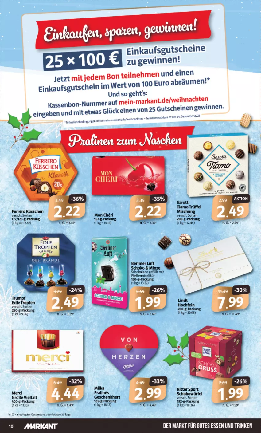 Aktueller Prospekt Markant - Prospekte - von 11.12 bis 16.12.2023 - strona 10 - produkty: berliner, berliner luft, eis, ferrero, Ferrero Küsschen, gutes essen, gutschein, gutscheine, likör, merci, minze, nuss, obst, pfeffer, pfefferminzlikör, reis, rum, schoko, schokolade, weihnachten, ZTE