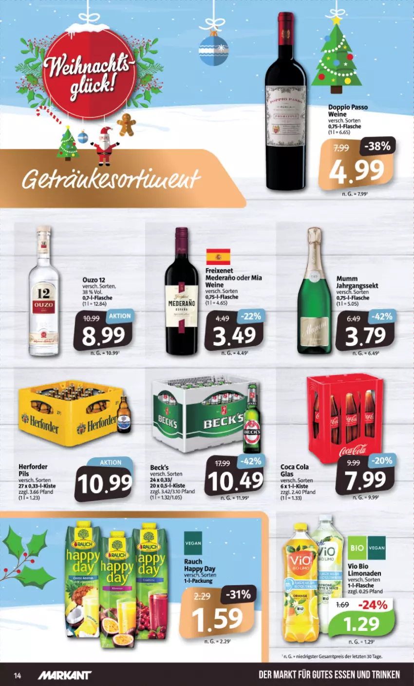 Aktueller Prospekt Markant - Prospekte - von 11.12 bis 16.12.2023 - strona 14 - produkty: beck's, bio, bio limo, cola, eis, flasche, freixenet, gutes essen, jahrgangssekt, limo, limonade, limonaden, mumm, ouzo, passo, pils, reis, sekt, vio bio limo, wein, weine, ZTE