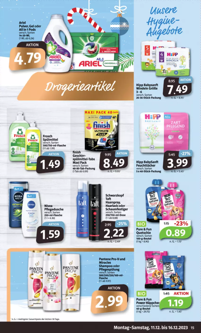 Aktueller Prospekt Markant - Prospekte - von 11.12 bis 16.12.2023 - strona 15 - produkty: ariel, arla, beutel, eis, Finish, flasche, Frosch, geschirr, Haarlack, haarspray, hipp, lack, nivea, oder schaumfestiger, pantene, Pods, reis, schaumfestiger, schwarzkop, schwarzkopf, spülmittel, Taft, Ti, windeln, ZTE