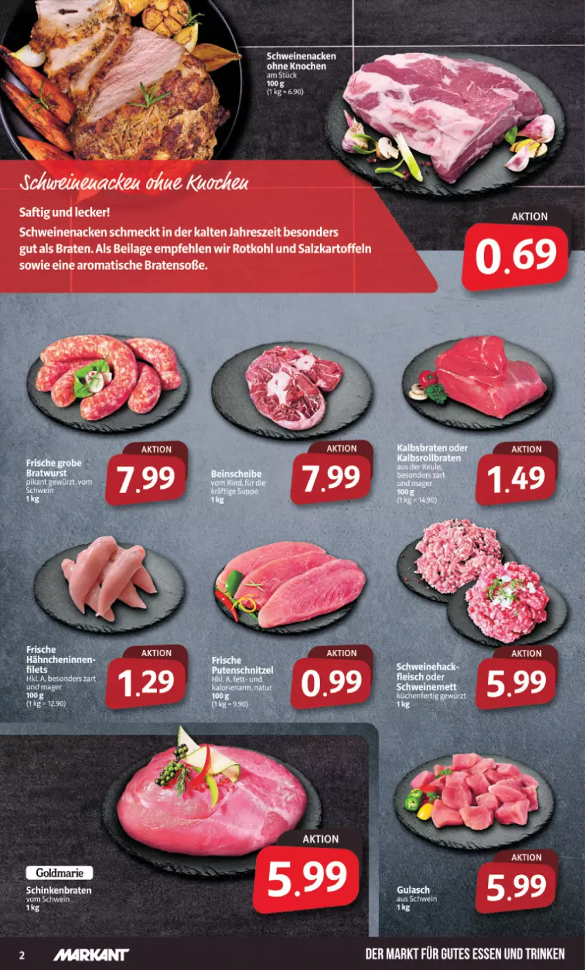 Aktueller Prospekt Markant - Prospekte - von 11.12 bis 16.12.2023 - strona 2 - produkty: braten, gutes essen, ilag, kartoffel, kartoffeln, rotkohl, salz, schwein, schweine, schweinenacken, Soße, Ti, tisch, wein, weine