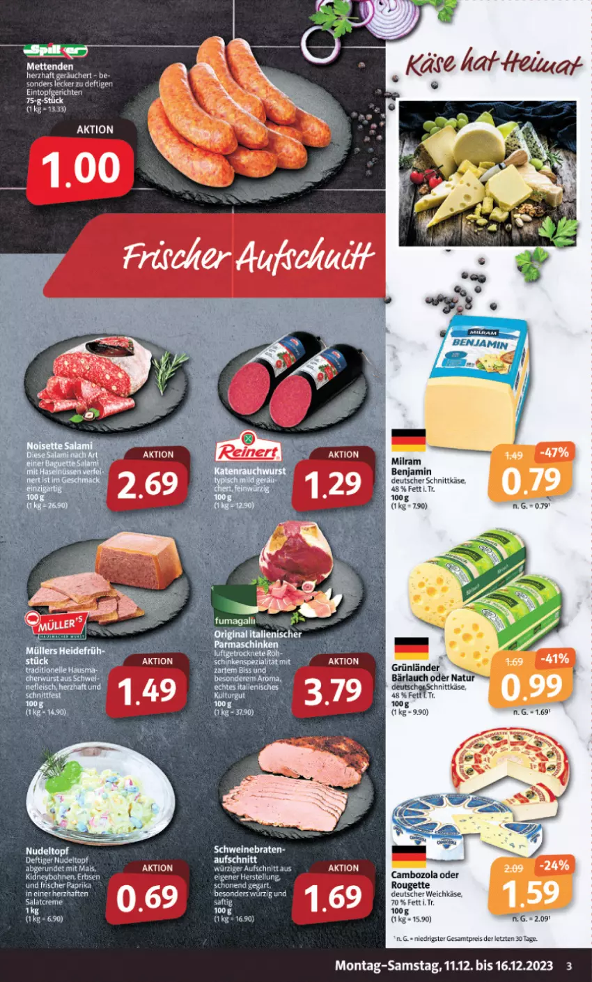 Aktueller Prospekt Markant - Prospekte - von 11.12 bis 16.12.2023 - strona 3 - produkty: aufschnitt, bohne, bohnen, cambozola, creme, deutscher schnittkäse, deutscher weichkäse, eis, erbsen, Käse, kidney, mais, milram, reis, rel, rouge, rougette, salat, salatcreme, schnittkäse, tee, Ti, weichkäse, ZTE