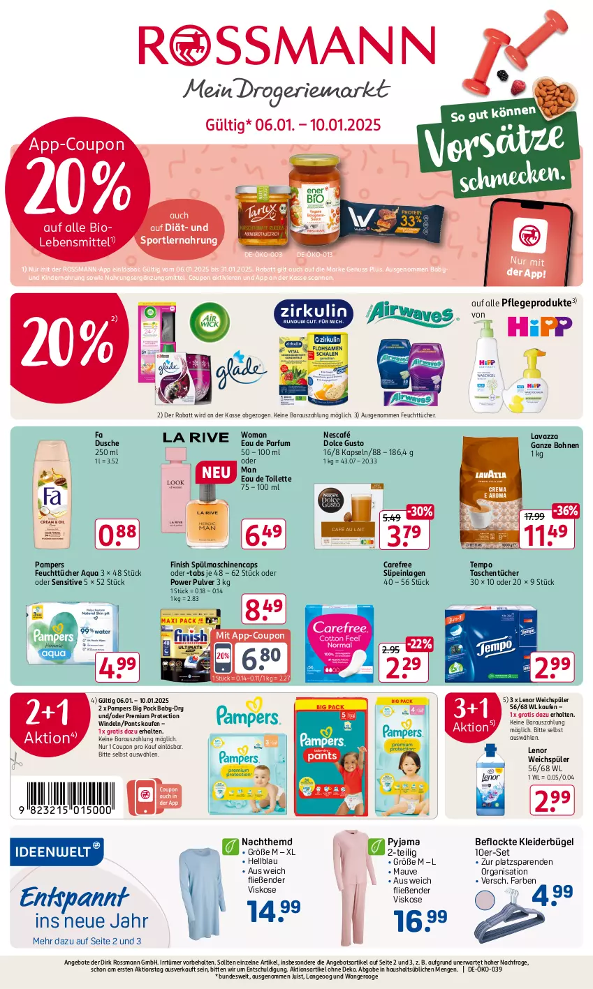 Aktueller Prospekt Rossmann - Prospekte - von 06.01 bis 31.01.2025 - strona 1 - produkty: angebot, angebote, aqua, baby-dry, bio, bohne, bohnen, bügel, Cap, carefree, coupon, dolce gusto, dusche, Eau de parfum, eau de toilette, feuchttücher, Finish, hemd, Kinder, Kindernahrung, kleid, kleider, kleiderbügel, lavazza, lavazza ganze bohne, lebensmittel, lenor, lenor weichspüler, Nachthemd, Nescafé, nuss, pampers, Pants, parfum, Pyjama, slip, slipeinlagen, Sport, spülmaschinen, Tasche, taschen, taschentücher, Tempo, Ti, tücher, weichspüler, windeln