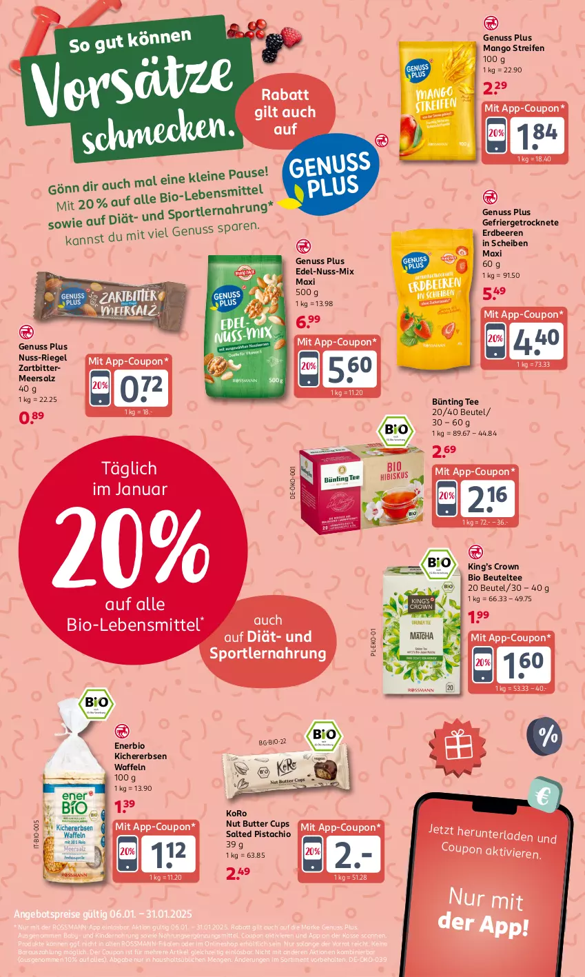 Aktueller Prospekt Rossmann - Prospekte - von 06.01 bis 31.01.2025 - strona 12 - produkty: angebot, angebotspreis, beere, beeren, beutel, bio, bünting tee, butter, coupon, eis, erbsen, erdbeere, erdbeeren, kichererbsen, Kinder, Kindernahrung, lebensmittel, leine, mango, meersalz, nuss, reifen, reis, riegel, salz, Sport, tee, Ti, waffeln