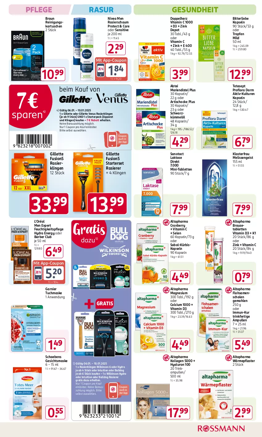 Aktueller Prospekt Rossmann - Prospekte - von 06.01 bis 31.01.2025 - strona 13 - produkty: Abtei, Altapharma, braun, brause, Brausetabletten, Bulldog, Calcium, coupon, cranberry, doppelherz, eis, feuchtigkeitspflege, Flohsamenschalen, fusion5, garnier, Gesichtsmaske, Gesundheit, gillette, gillette venus, hyaluron, Kollagen, Kürbis, magnesium, Maske, nivea, Nivea Men, pflaster, rasierer, Rasierklinge, rasierklingen, Rasierschaum, Reinigung, Schaebens, Schal, Schale, tablet, tablett, Tablette, Ti, tisch, tuc, tuchmaske, venus, vita, Vitamin C, Vitamin D, wilkinson