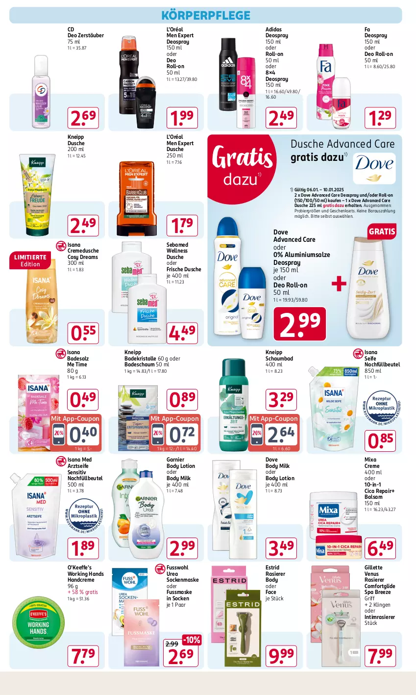 Aktueller Prospekt Rossmann - Prospekte - von 06.01 bis 31.01.2025 - strona 14 - produkty: Adidas, Arztseife, Bad, Badekristalle, balsam, beutel, bier, body, body lotion, body milk, bree, coupon, creme, cremedusche, deo, deo roll-on, deospray, deospray 150 ml, dove, dusche, Fusswohl, garnier, geschenkset, gillette, gillette venus, handcreme, isana, kneipp, körperpflege, Lotion, Maske, Mixa, oder deo roll-on, rasierer, roll-on, salz, sana, schaumbad, sebamed, Seife, socken, Ti, venus