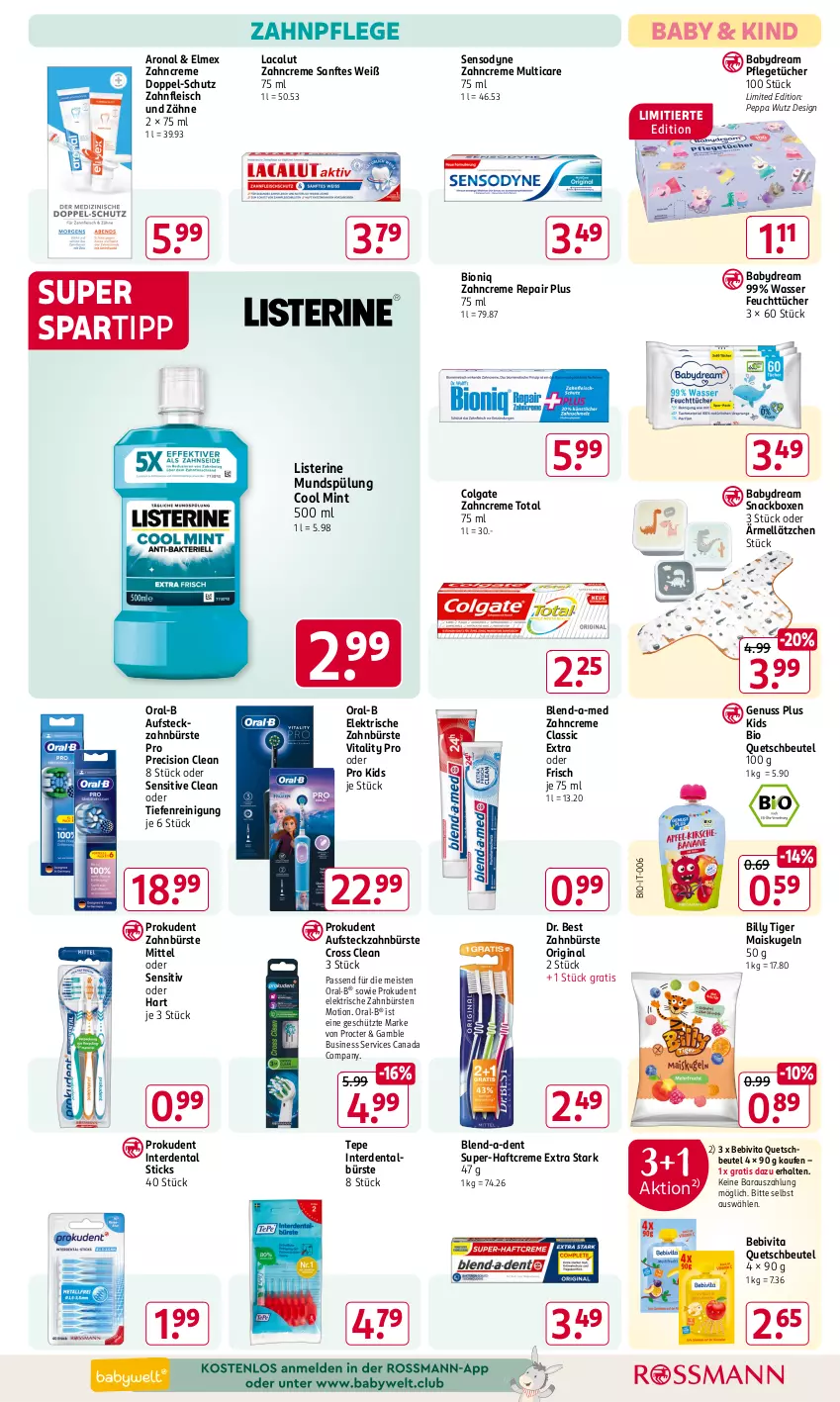 Aktueller Prospekt Rossmann - Prospekte - von 06.01 bis 31.01.2025 - strona 15 - produkty: babydream, bebivita, beutel, bio, blend-a-med, bürste, bürsten, colgate, creme, Dr. Best, eis, elektrische zahnbürste, elmex, erde, feuchttücher, fleisch, gin, Haftcreme, Kugel, Lacalut, Lätzche, LG, listerine, mais, mint, mundspülung, nuss, oral-b, precision clean, Prokudent, quetschbeutel, Reinigung, sensodyne, snack, spartipp, spülung, Ti, tücher, vita, vitality, wasser, zahnbürste, zahnbürsten, zahncreme, ZTE