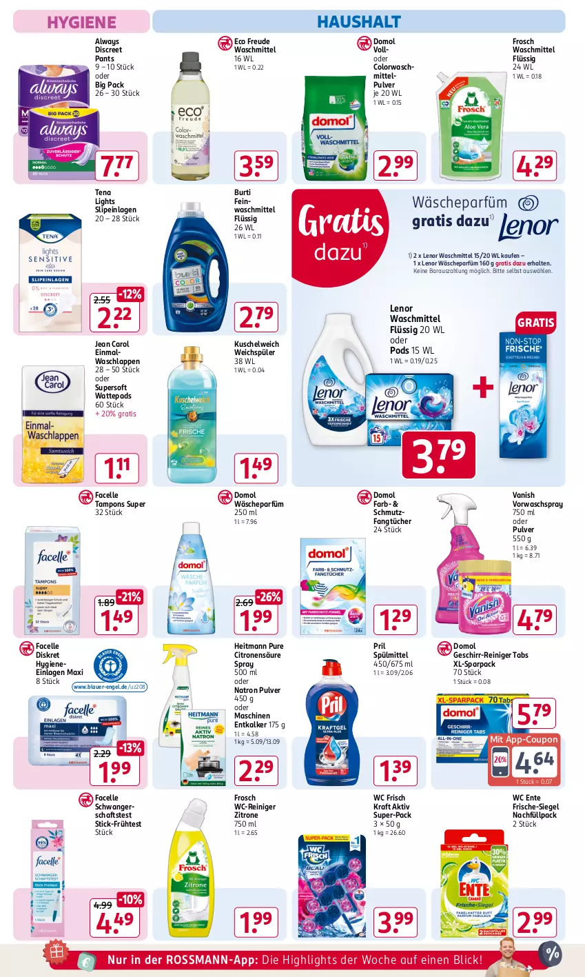 Aktueller Prospekt Rossmann - Prospekte - von 06.01 bis 31.01.2025 - strona 16 - produkty: Alwa, Always, auer, burti, colorwaschmittel, coupon, Discreet, Domol, Einmalwaschlappen, elle, Engel, ente, entkalker, Facelle, Fangtücher, feinwaschmittel, Frosch, geschirr, heitmann, Jean Carol, kraft, Kuschelweich, lenor, lenor waschmittel, Pants, Pods, pril, reiniger, Schwangerschaftstest, slip, slipeinlagen, spülmittel, Tampon, tampons, Ti, tücher, vanish, wäscheparfüm, waschlappen, waschmittel, wattepads, wc ente, wc frisch, WC Frisch Kraft Aktiv, wc-reiniger, weichspüler, zitrone