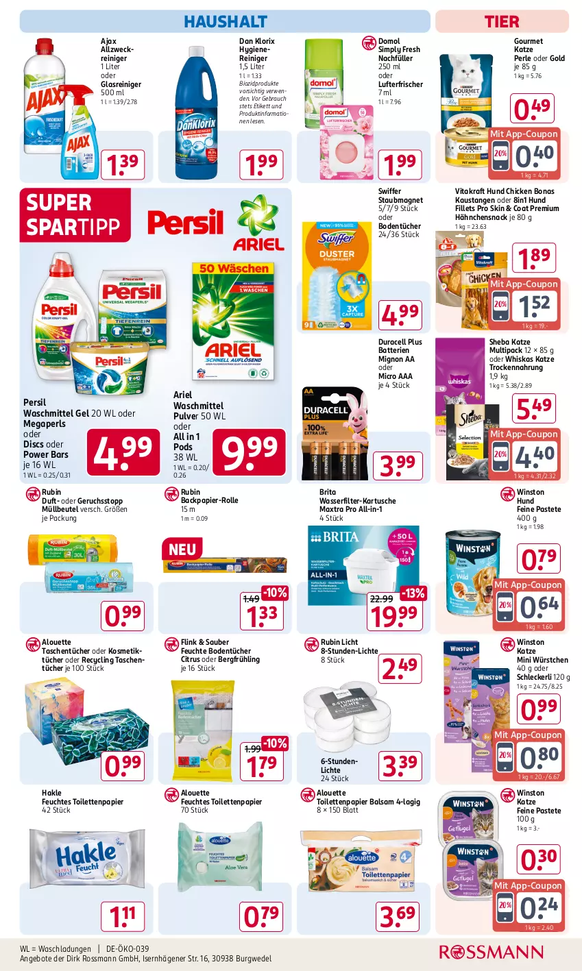 Aktueller Prospekt Rossmann - Prospekte - von 06.01 bis 31.01.2025 - strona 17 - produkty: ajax, allzweckreiniger, alouette, angebot, angebote, ariel, ariel waschmittel, aust, balsam, batterie, batterien, beutel, bio, biozidprodukte, Bodentücher, Bona, brita, citrus, Clin, coupon, Domol, feuchtes toilettenpapier, Glasreiniger, hakle, kosmetik, Kosmetiktücher, kraft, lufterfrischer, Maxtra, megaperls, müllbeutel, papier, pastete, persil, persil waschmittel, Pods, Rauch, reiniger, Rubin, rwe, sheba, sim, snack, spartipp, staubmagnet, swiffer, Tasche, taschen, taschentücher, Ti, toilettenpapier, Trockennahrung, tücher, vita, vitakraft, waschmittel, wasser, wasserfilter, weck, wedel, whiskas, würstchen