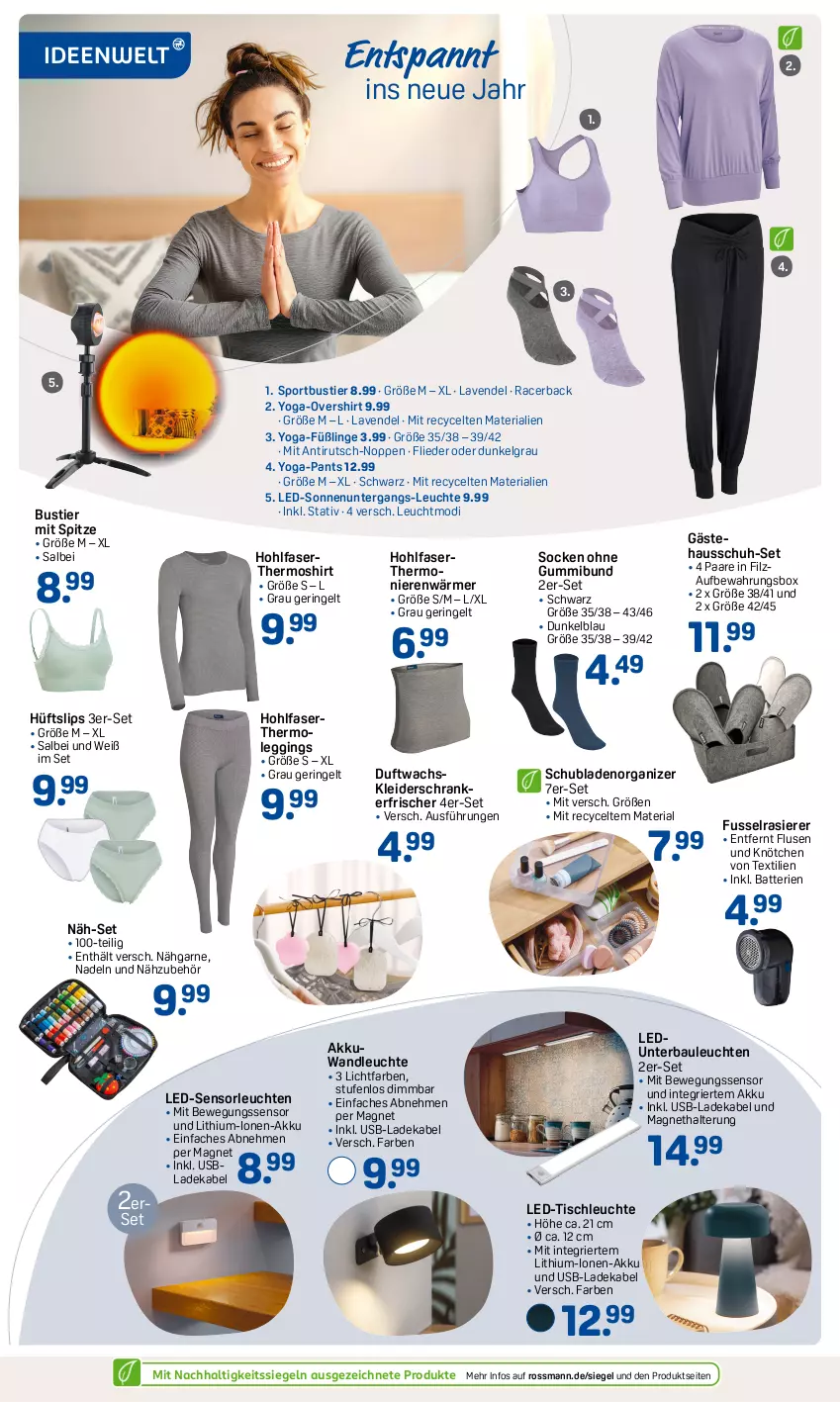 Aktueller Prospekt Rossmann - Prospekte - von 06.01 bis 31.01.2025 - strona 2 - produkty: acer, akku, aufbewahrungsbox, batterie, batterien, Bau, Bewegungssensor, deka, flieder, Füßlinge, gin, kleid, kleider, kleiderschrank, ladekabel, lavendel, led-tischleuchte, leggings, Leuchte, leuchten, LG, Pants, rasierer, Ria, ring, Schrank, schubladen, shirt, slip, slips, socken, Sport, Stier, Thermoleggings, Thermoshirt, Ti, tisch, tischleuchte, usb, Yo