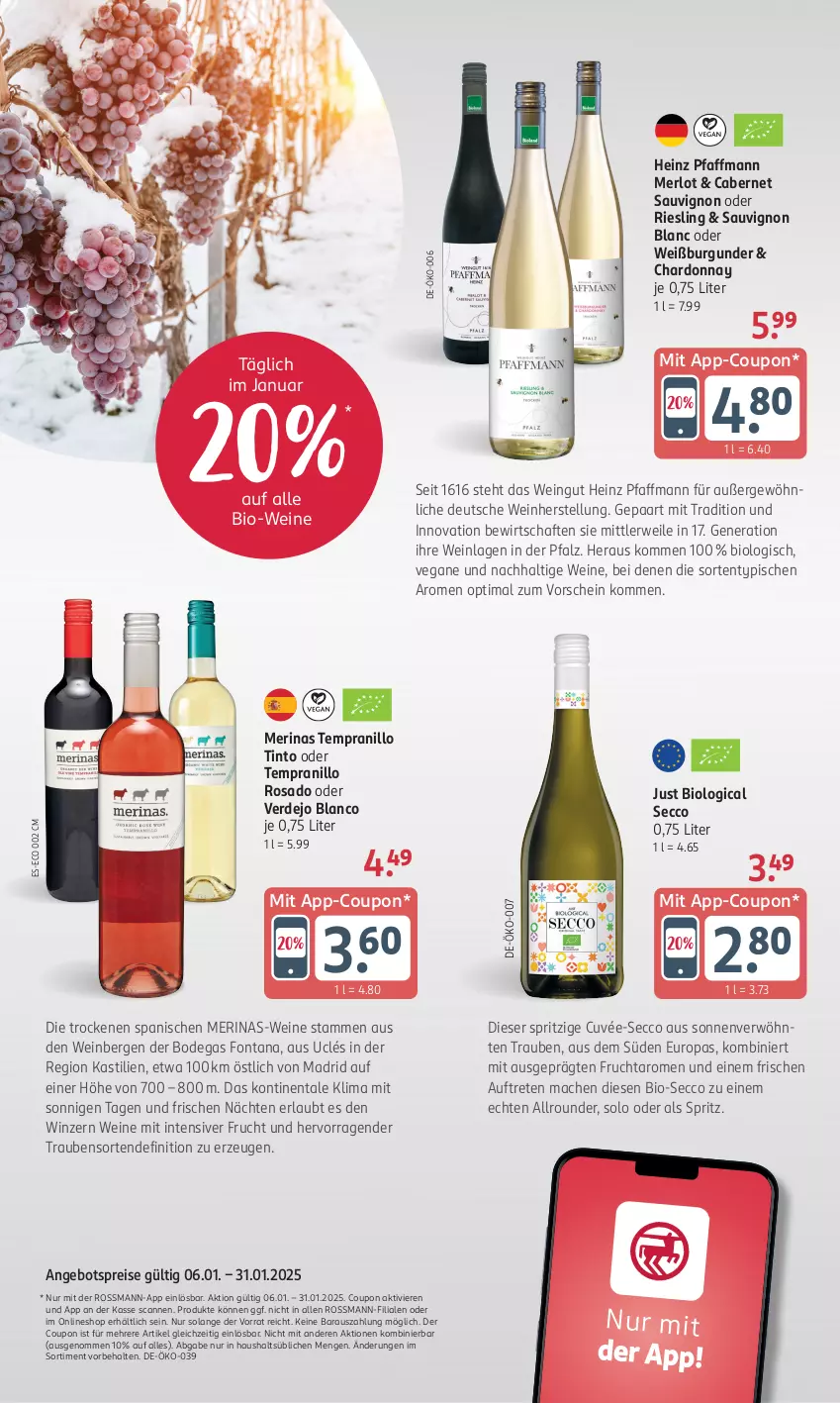 Aktueller Prospekt Rossmann - Prospekte - von 06.01 bis 31.01.2025 - strona 20 - produkty: angebot, angebotspreis, asti, bio, Bio-Wein, burgunder, cabernet, cabernet sauvignon, chardonnay, coupon, cuvée, ecco, eis, erde, frucht, heinz, mac, merl, merlot, reis, riesling, rwe, sauvignon, sauvignon blanc, tempranillo, Ti, trauben, wein, weine, Weißburgunder