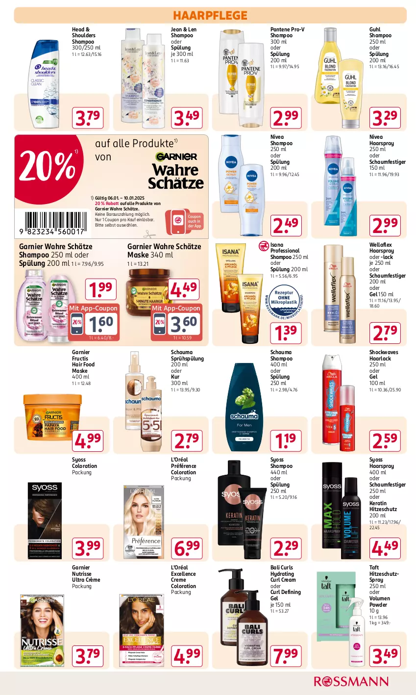 Aktueller Prospekt Rossmann - Prospekte - von 06.01 bis 31.01.2025 - strona 7 - produkty: arla, coupon, creme, elle, fructis, garnier, Guhl, Haarlack, haarpflege, haarspray, isana, lack, Maske, nivea, Nutrisse, oder schaumfestiger, pantene, pantene pro-v, pro-v, sana, schauma, schauma shampoo, schaumfestiger, shampoo, shampoo 250 ml, shampoo oder spülung, spülung, spülung 200 ml, syoss, Taft, Ti, Wahre Schätze, Wella, wellaflex, Yo